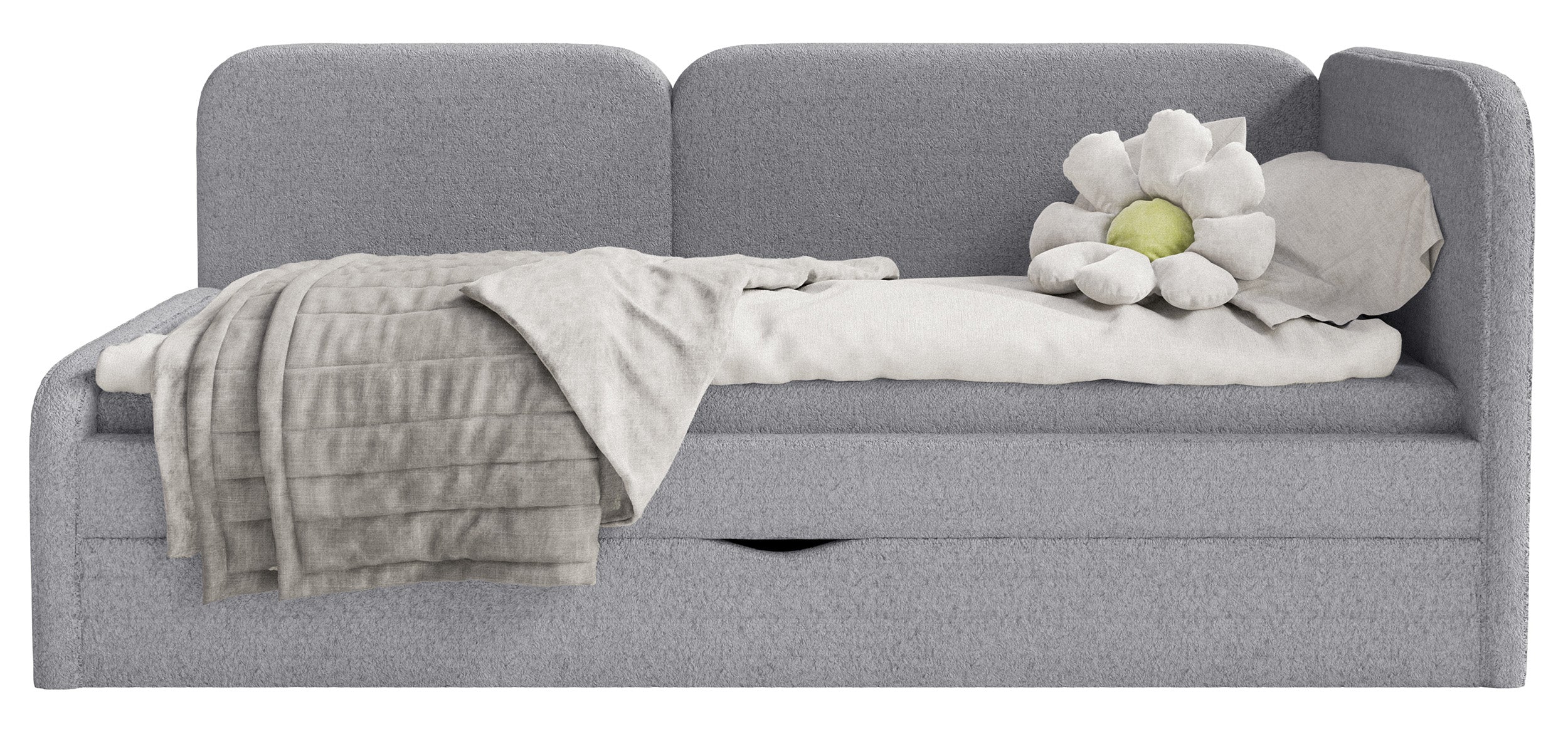 Jugendbett 90x200 cm Cuddy rechtsseitig mit Matratze und grauem, wasserabweisendem Plüsch-Aufbewahrungsfach