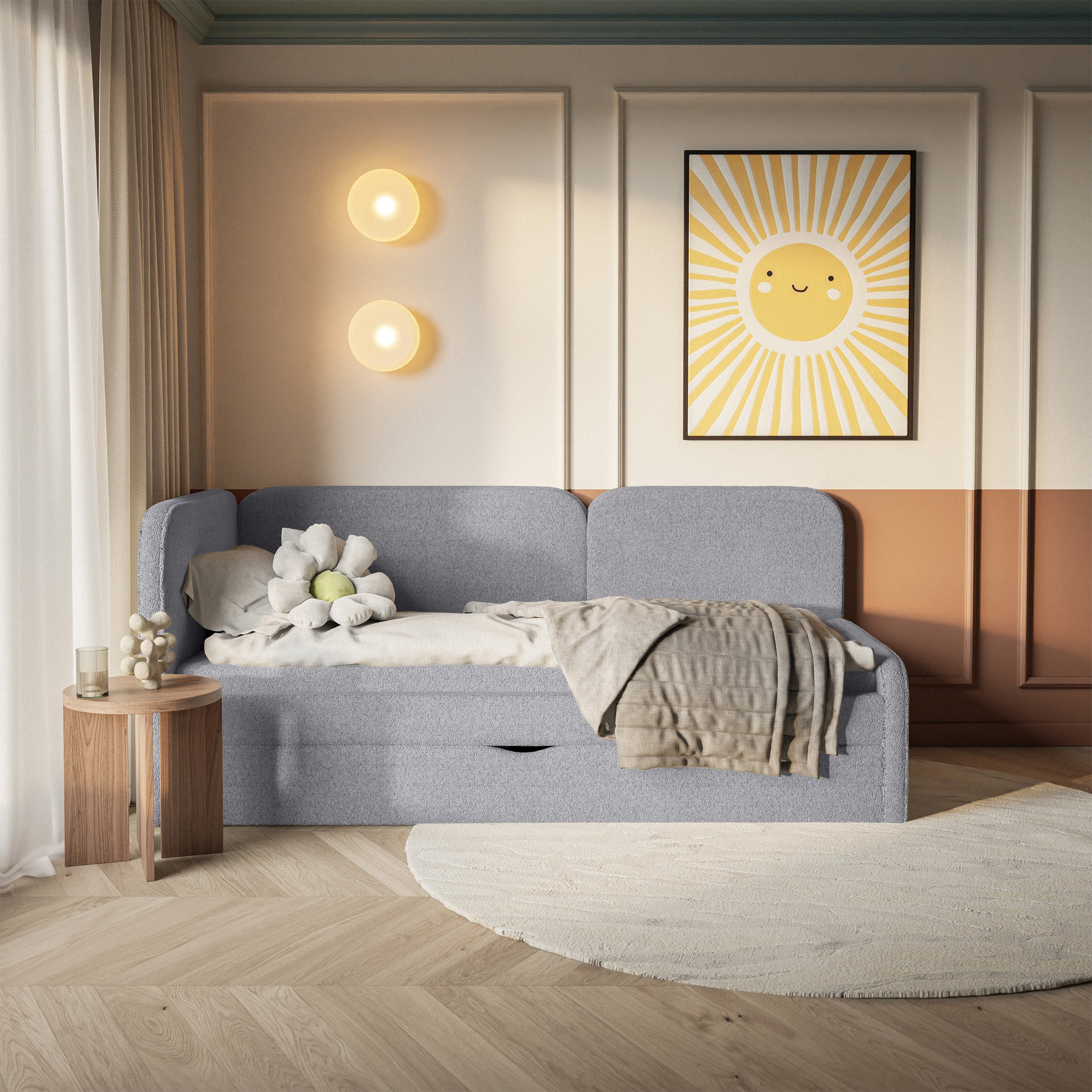 Jugendbett 90x200 cm Cuddy linksseitig mit Matratze und Stauraum, grauer Plüsch, wasserabweisend