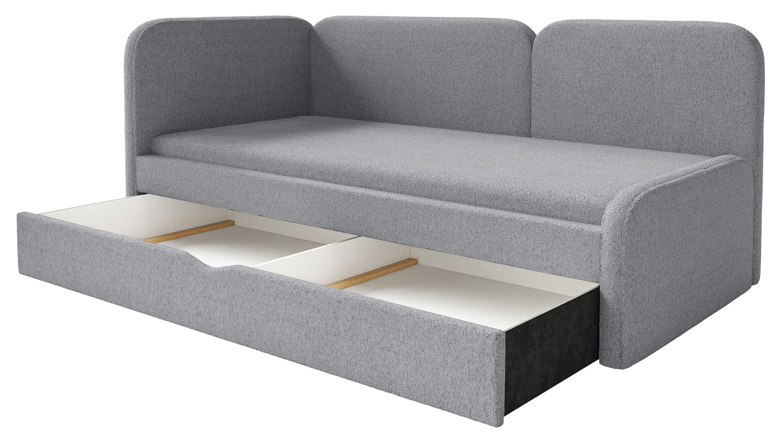 Jugendbett 90x200 cm Cuddy linksseitig mit Matratze und Stauraum, grauer Plüsch, wasserabweisend