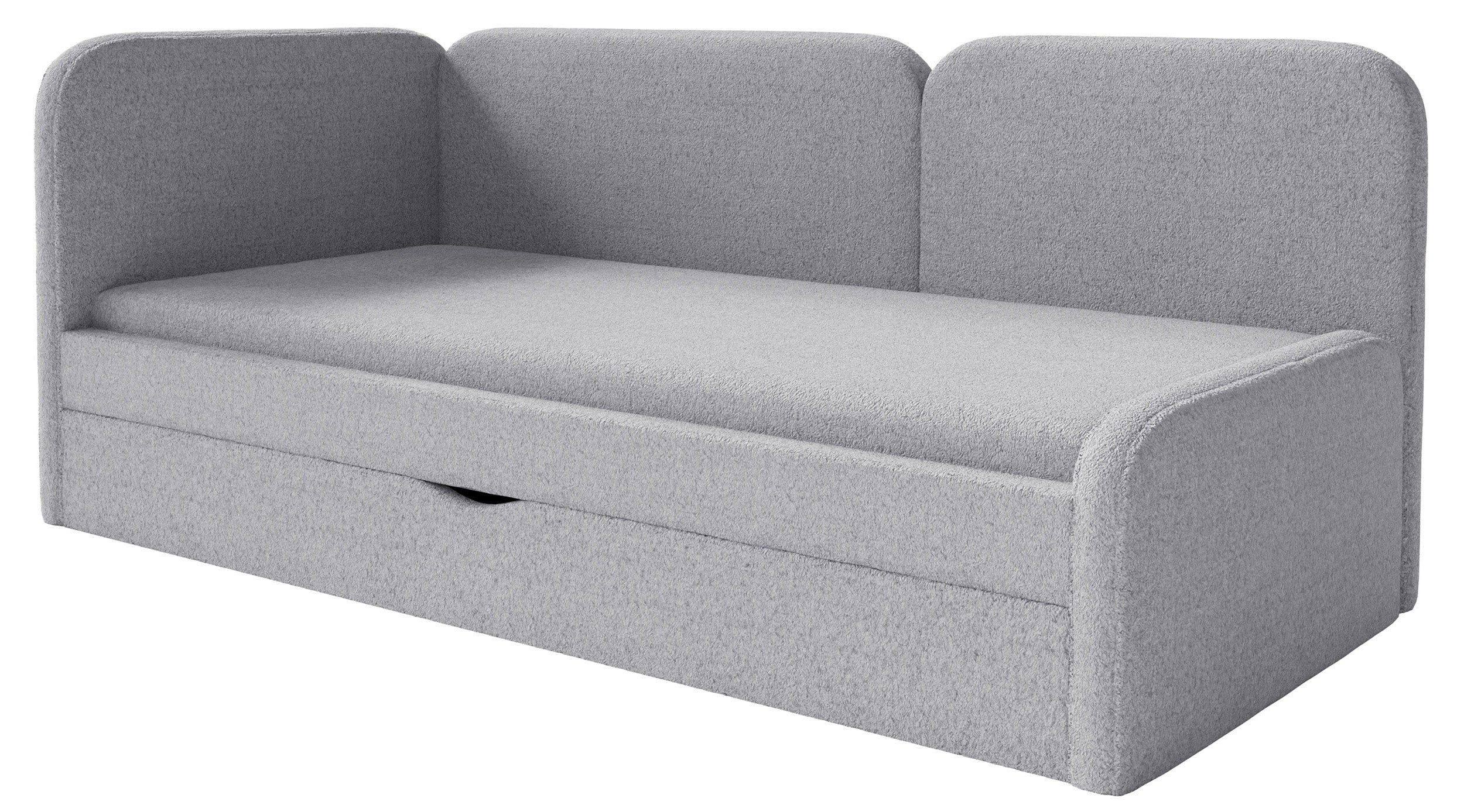 Jugendbett 90x200 cm Cuddy linksseitig mit Matratze und Stauraum, grauer Plüsch, wasserabweisend