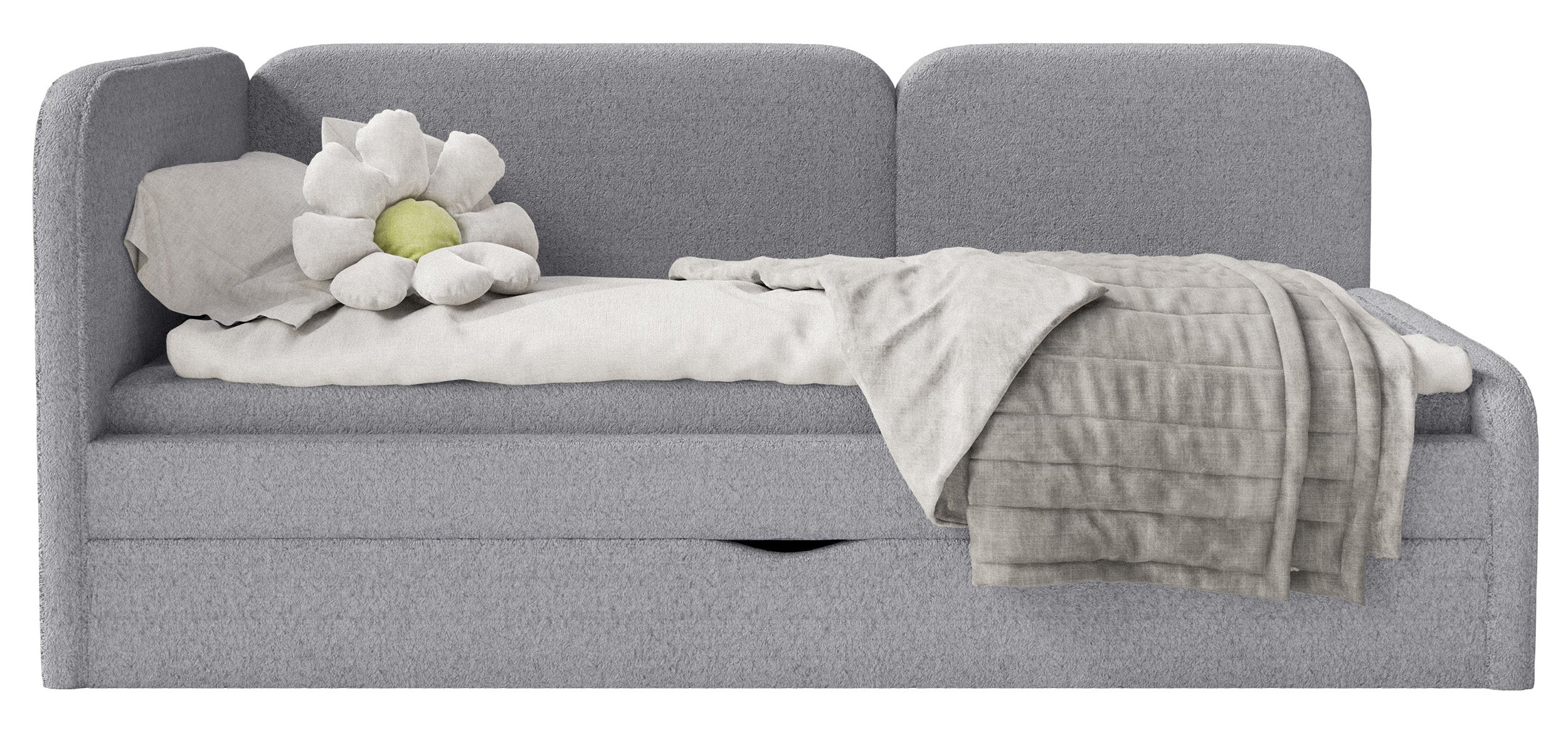 Jugendbett 90x200 cm Cuddy linksseitig mit Matratze und Stauraum, grauer Plüsch, wasserabweisend