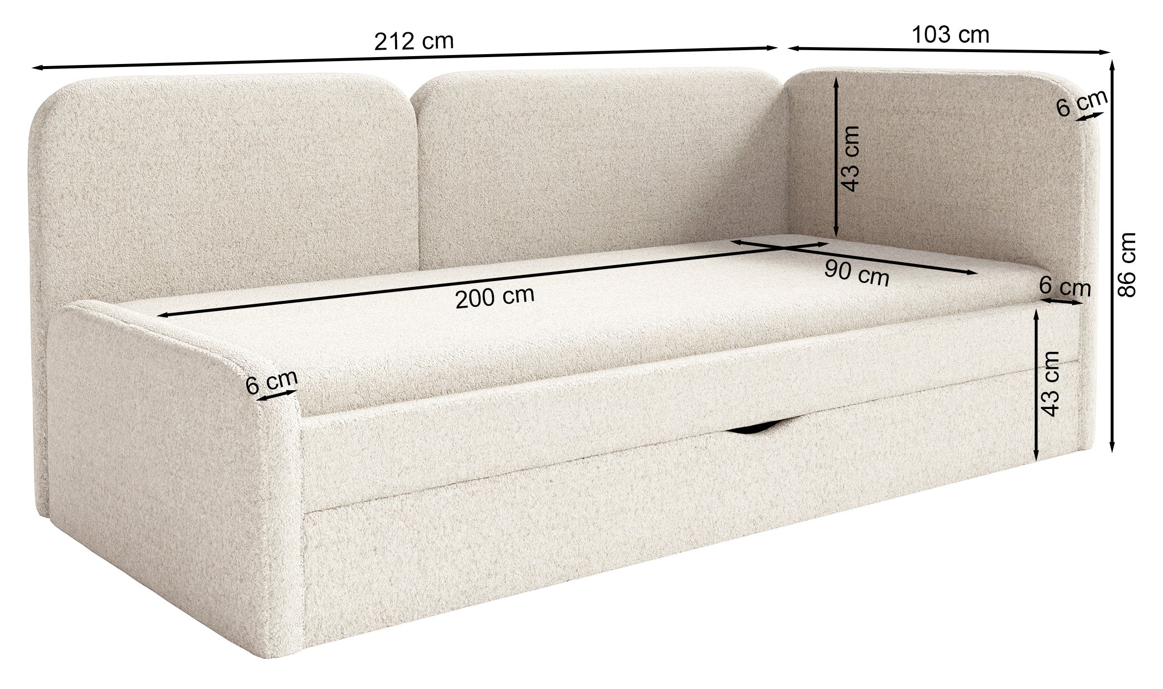 Jugendbett 90x200 cm Cuddy linksseitig mit Matratze und Stauraum, ziegelroter, wasserabweisender Plüsch