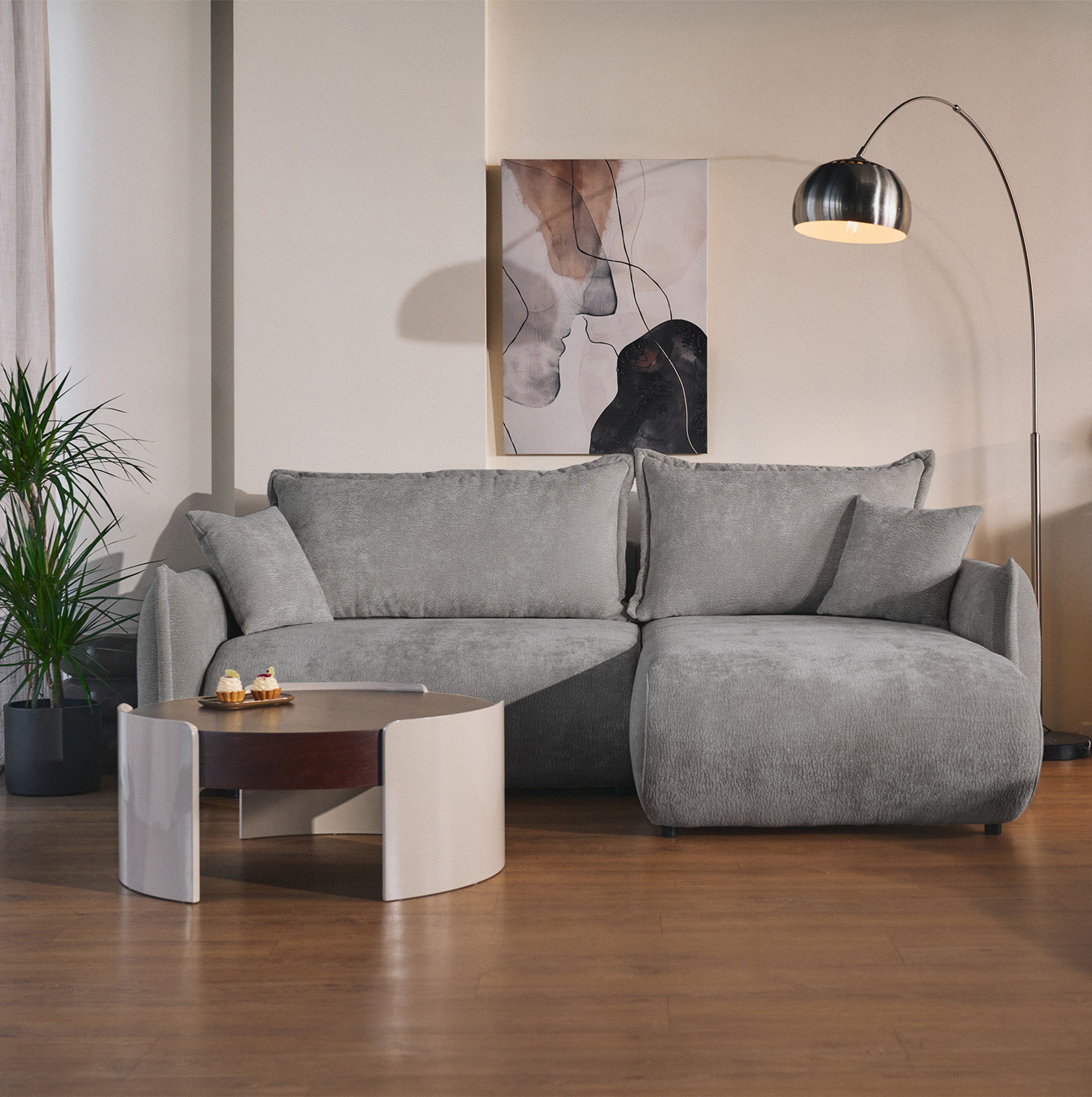 Ecksofa mit Schlaffunktion Cushi, L-förmig, rechtsseitig, mit Stauraum, grauer Chenille-Bezug