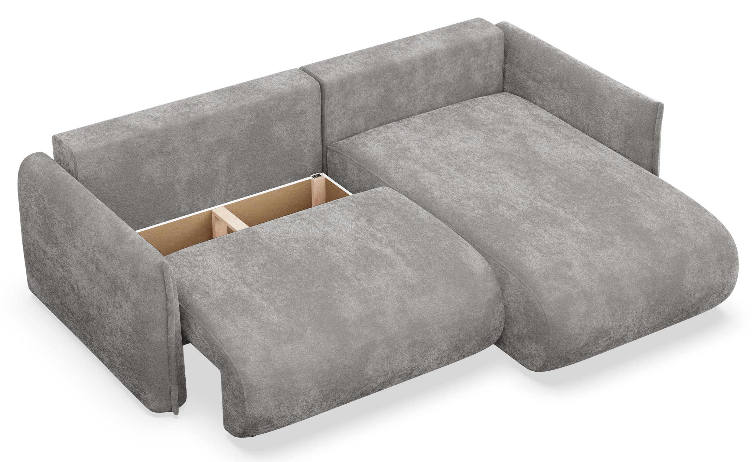 Ecksofa mit Schlaffunktion Cushi, L-förmig, rechtsseitig, mit Stauraum, grauer Chenille-Bezug