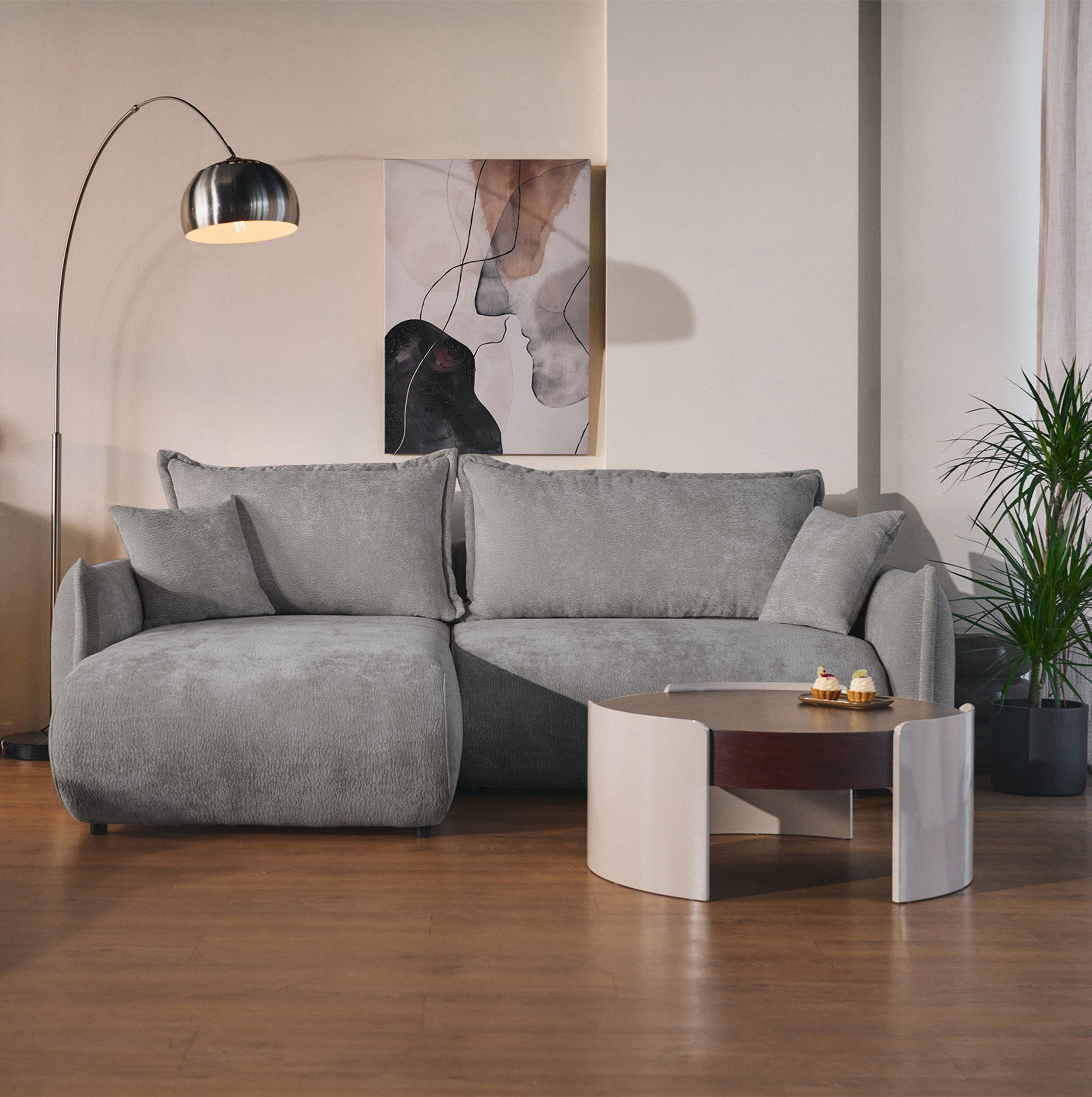 Ecksofa mit Schlaffunktion Cushi, L-förmig, linksseitig, mit Stauraum, grauer Chenille-Bezug