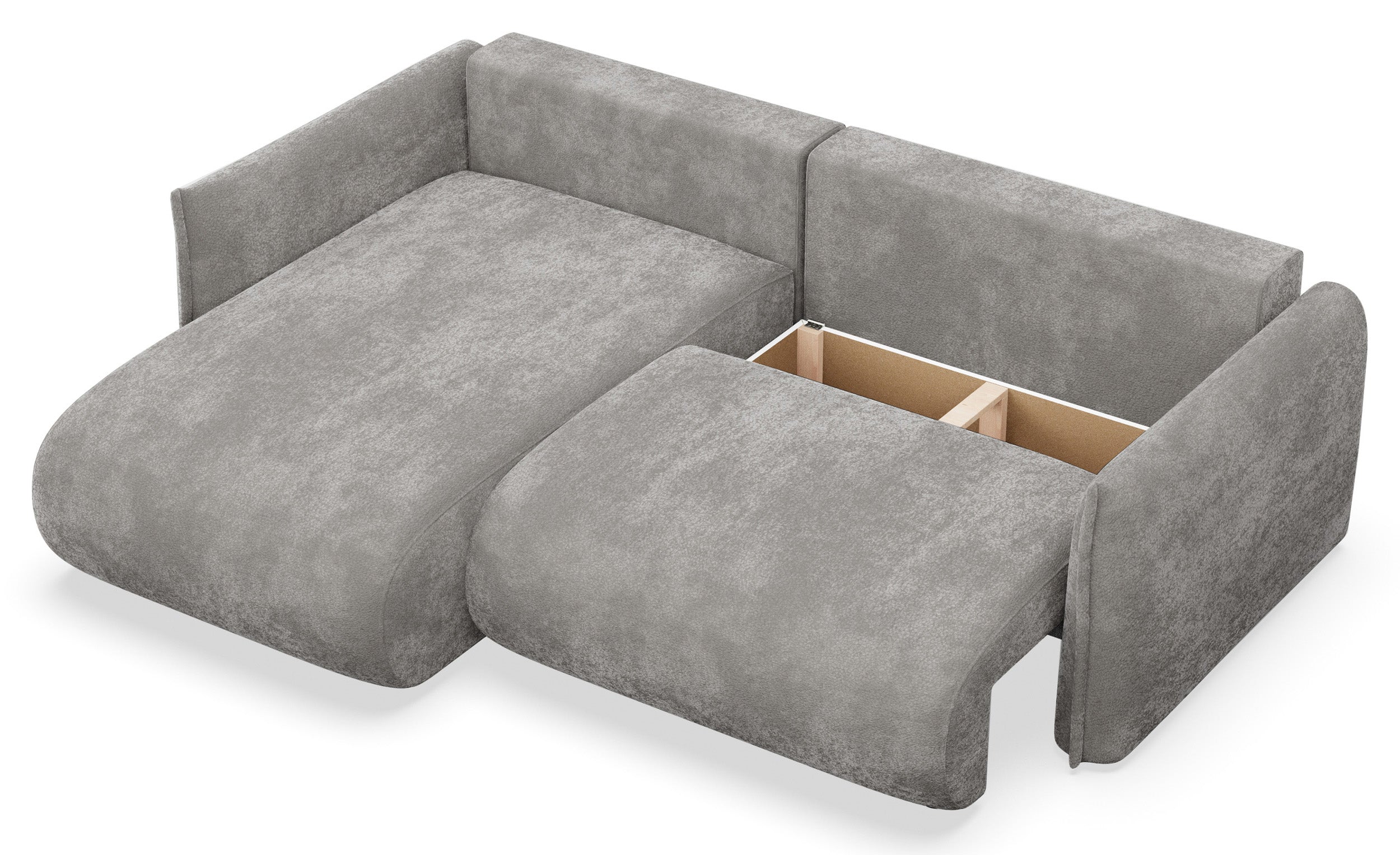 Ecksofa mit Schlaffunktion Cushi, L-förmig, linksseitig, mit Stauraum, grauer Chenille-Bezug
