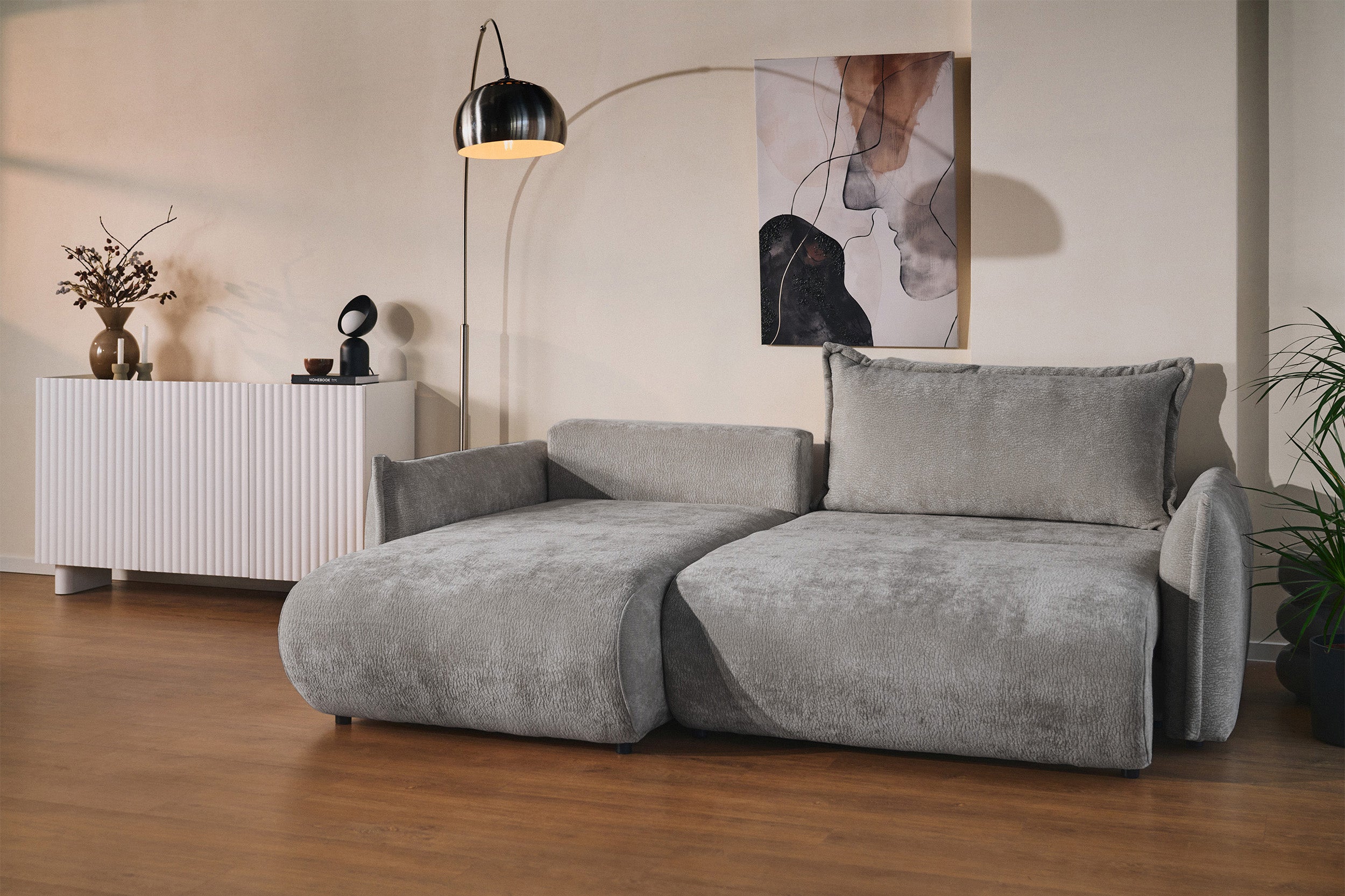 Ecksofa mit Schlaffunktion Cushi, L-förmig, linksseitig, mit Stauraum, grauer Chenille-Bezug
