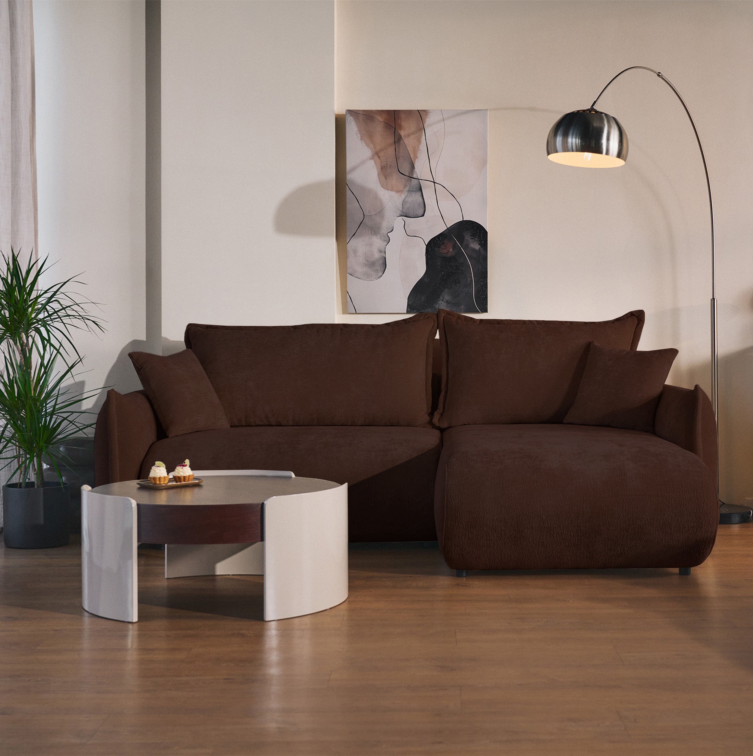 Ecksofa mit Schlaffunktion Cushi, L-förmig, rechtsseitig, mit Stauraum, brauner Chenille-Bezug