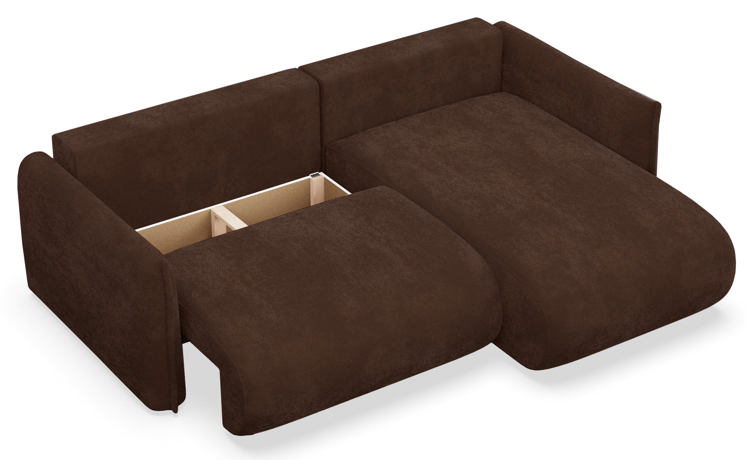 Ecksofa mit Schlaffunktion Cushi, L-förmig, rechtsseitig, mit Stauraum, brauner Chenille-Bezug