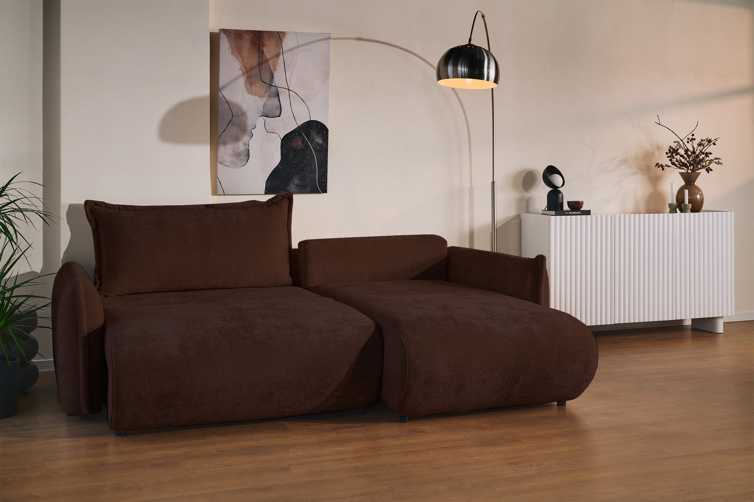Ecksofa mit Schlaffunktion Cushi, L-förmig, rechtsseitig, mit Stauraum, brauner Chenille-Bezug