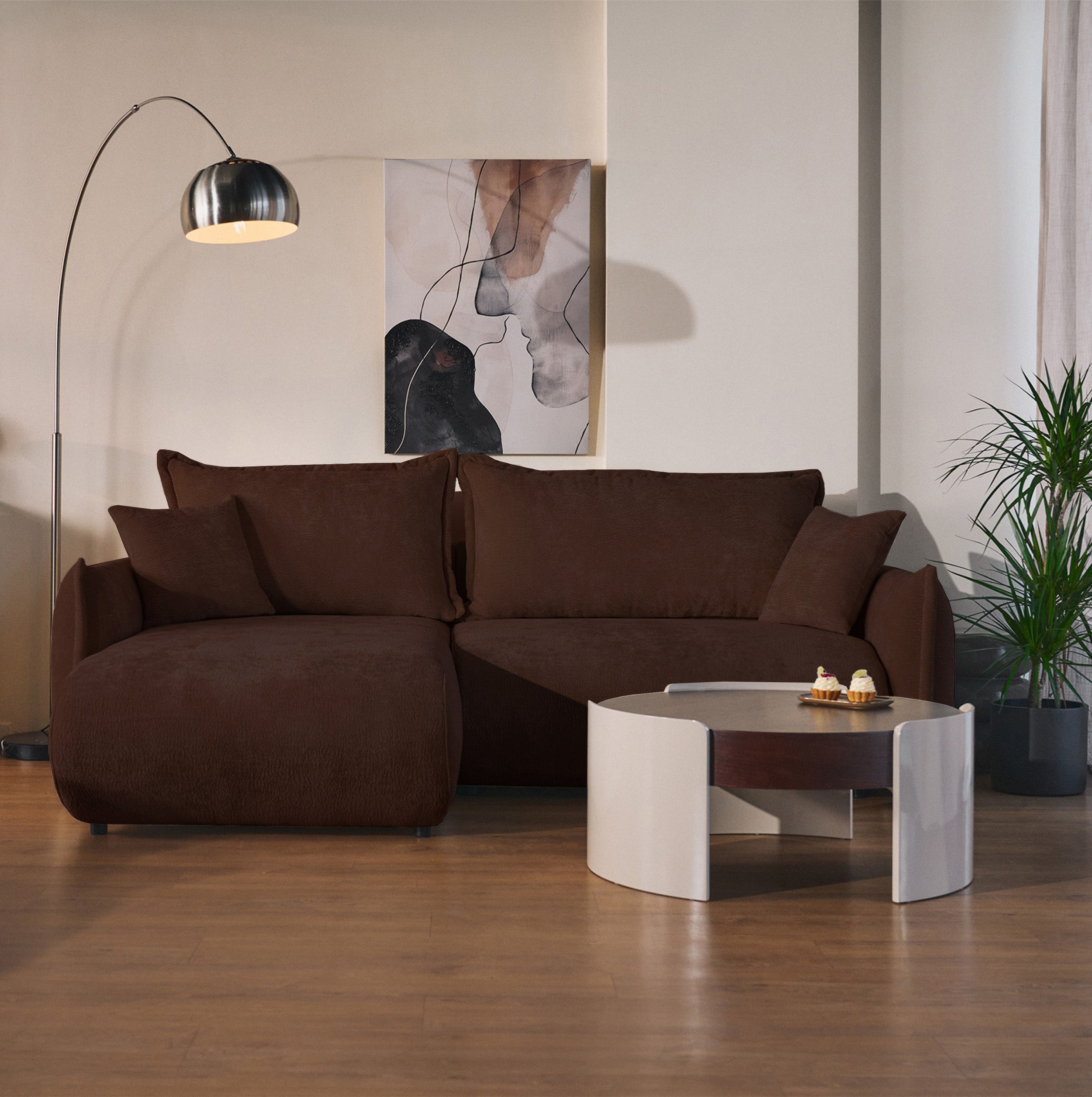 Ecksofa mit Schlaffunktion Cushi, L-förmig, linksseitig, mit Stauraum, brauner Chenille-Bezug