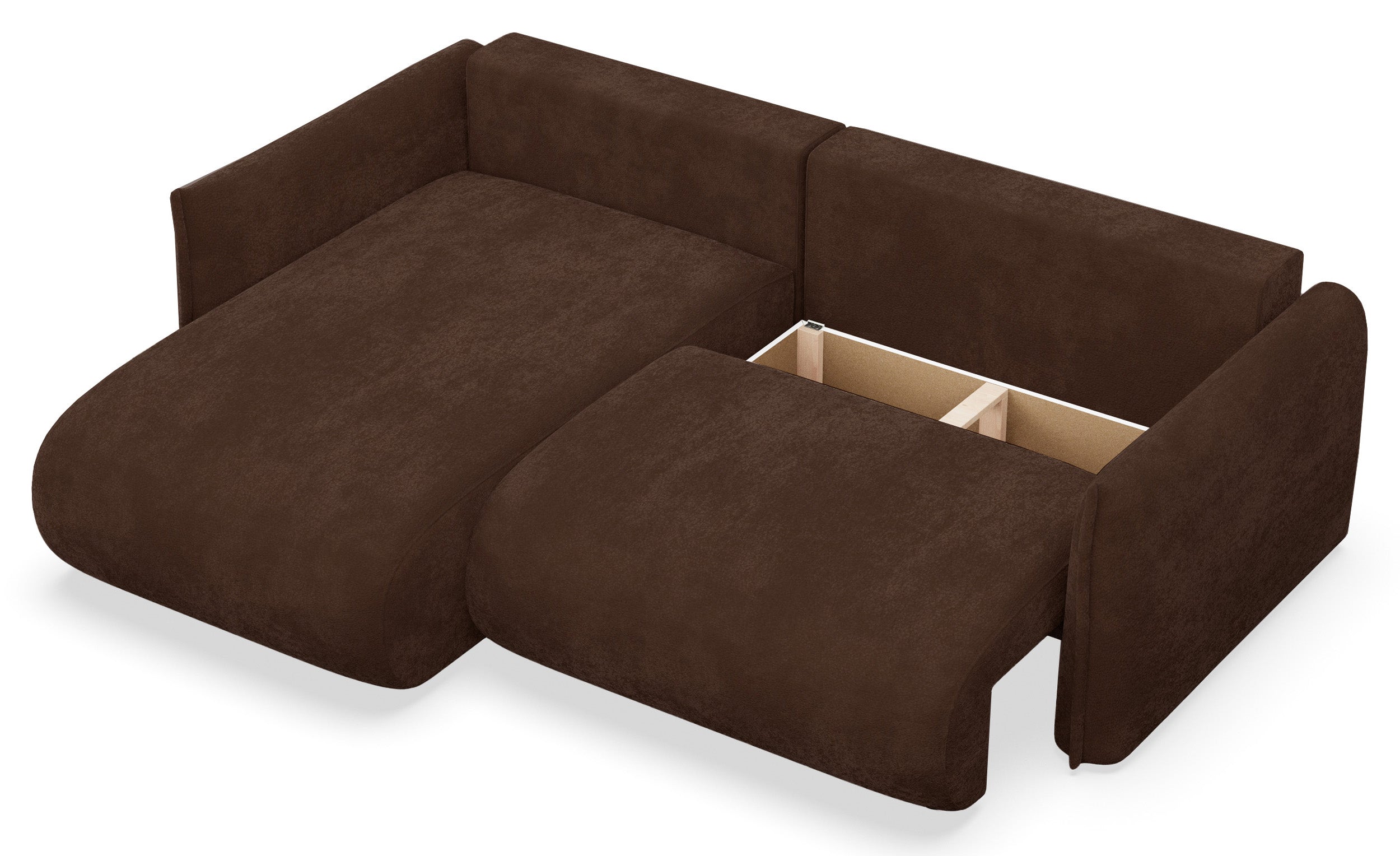 Ecksofa mit Schlaffunktion Cushi, L-förmig, linksseitig, mit Stauraum, brauner Chenille-Bezug