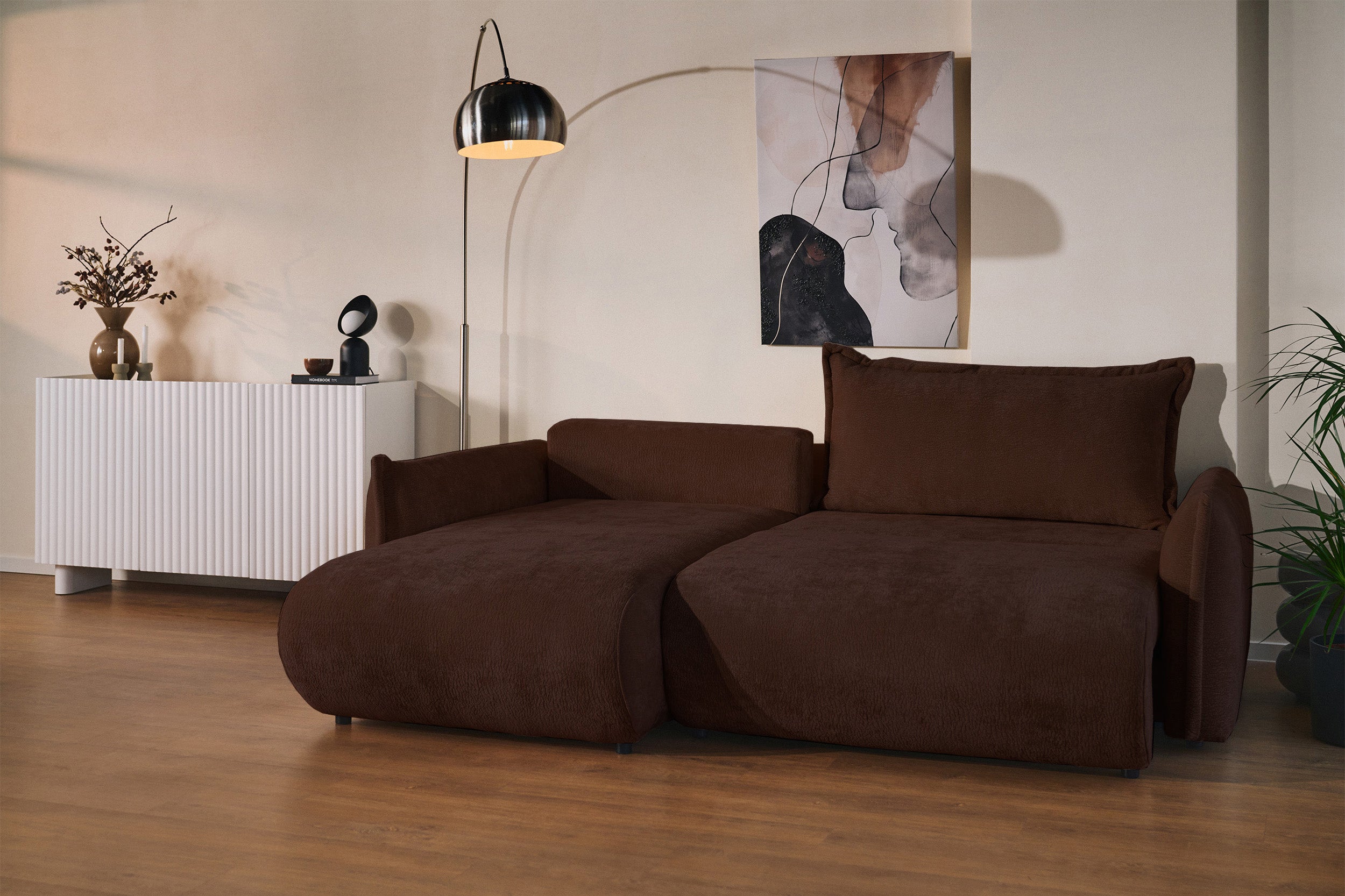 Ecksofa mit Schlaffunktion Cushi, L-förmig, linksseitig, mit Stauraum, brauner Chenille-Bezug