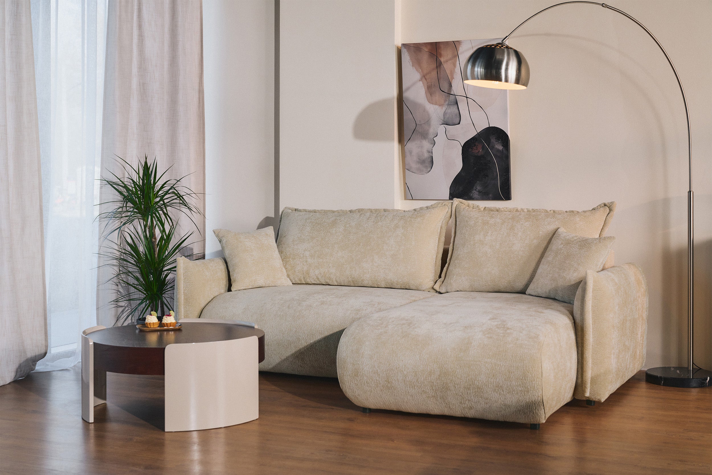 Ecksofa mit Schlaffunktion Cushi, L-förmig, rechtsseitig, mit Stauraum, beige Chenille