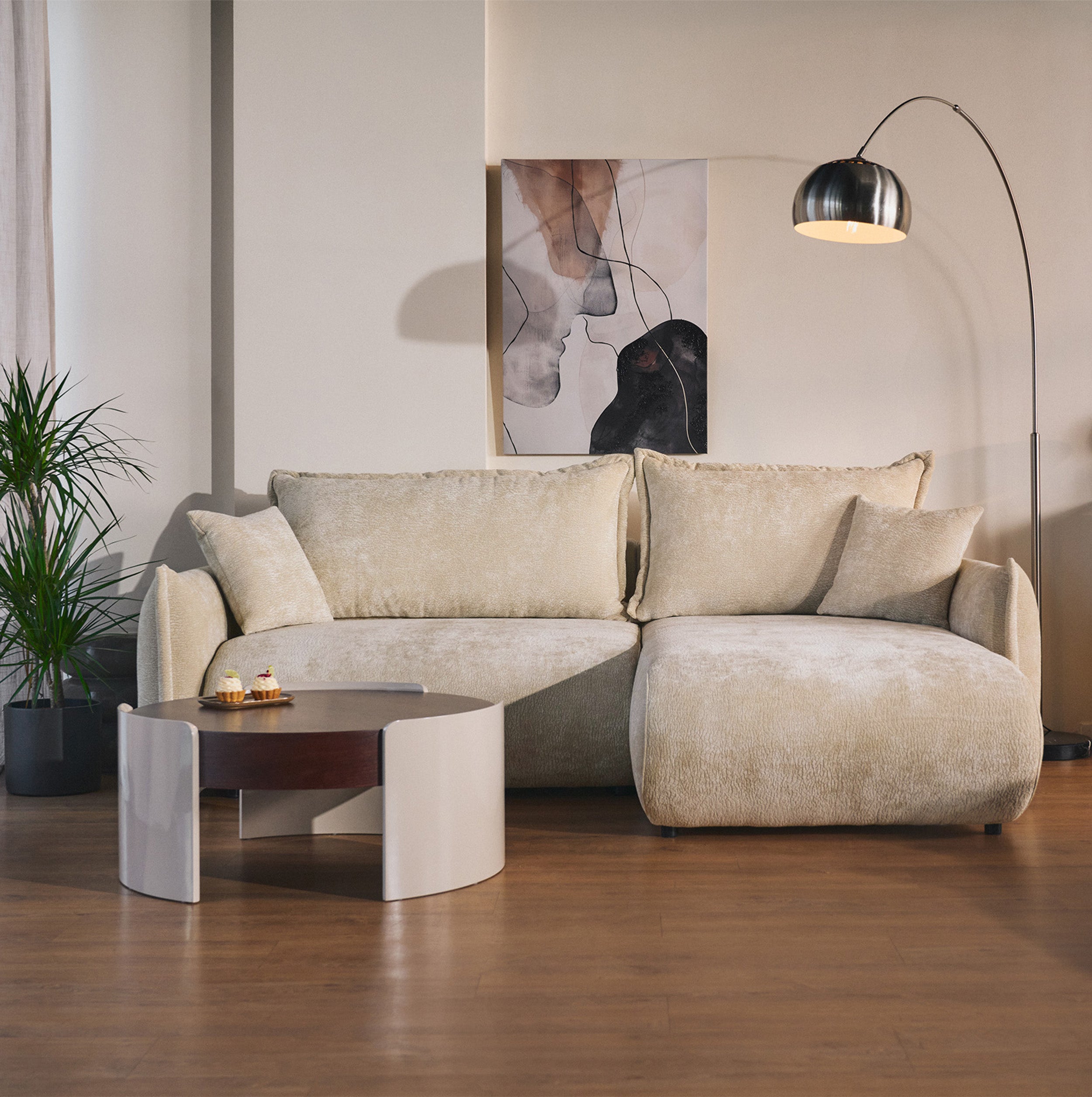Ecksofa mit Schlaffunktion Cushi, L-förmig, rechtsseitig, mit Stauraum, beige Chenille