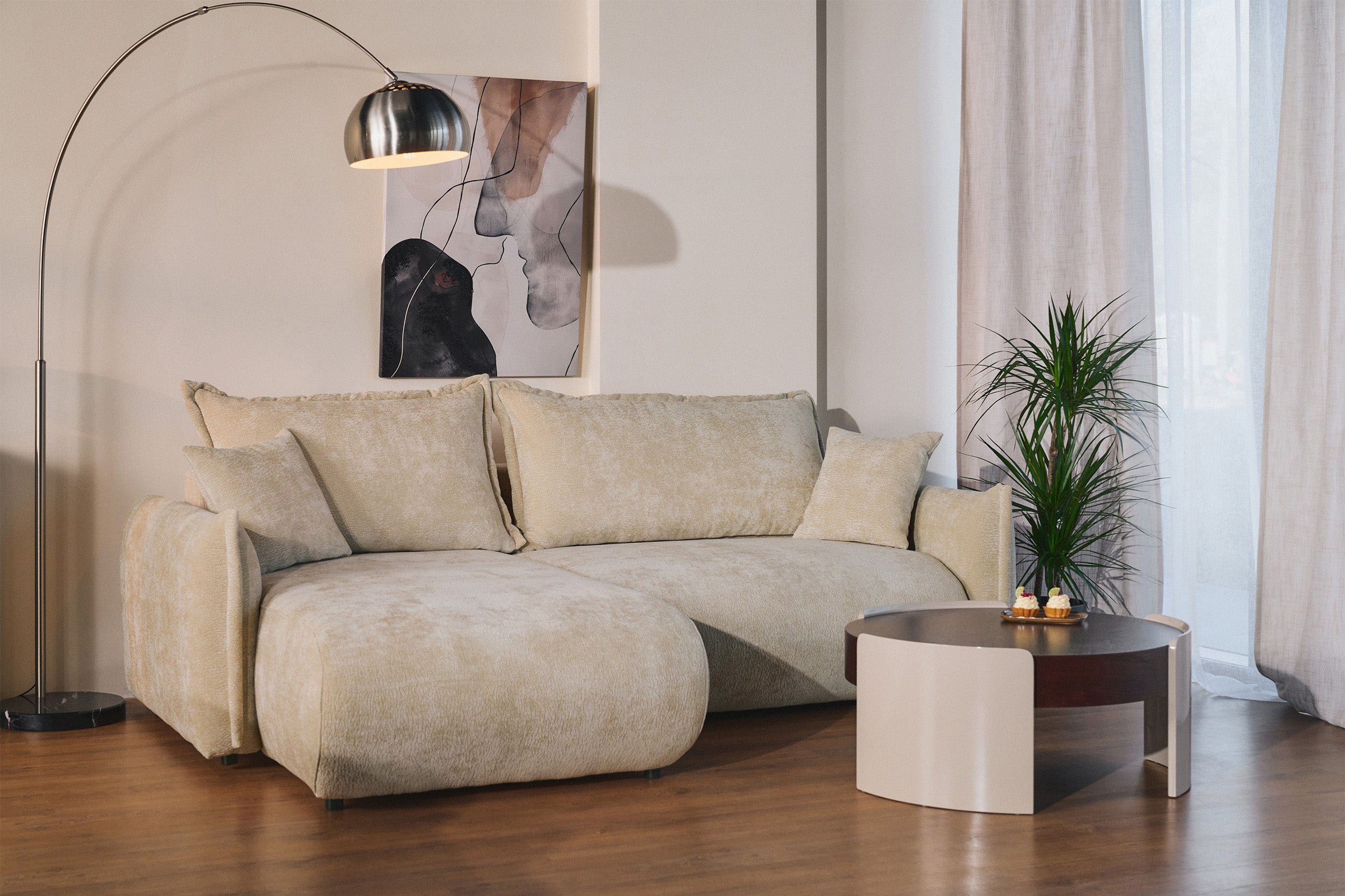 Ecksofa mit Schlaffunktion Cushi, L-förmig, linksseitig, mit Stauraum, beige Chenille