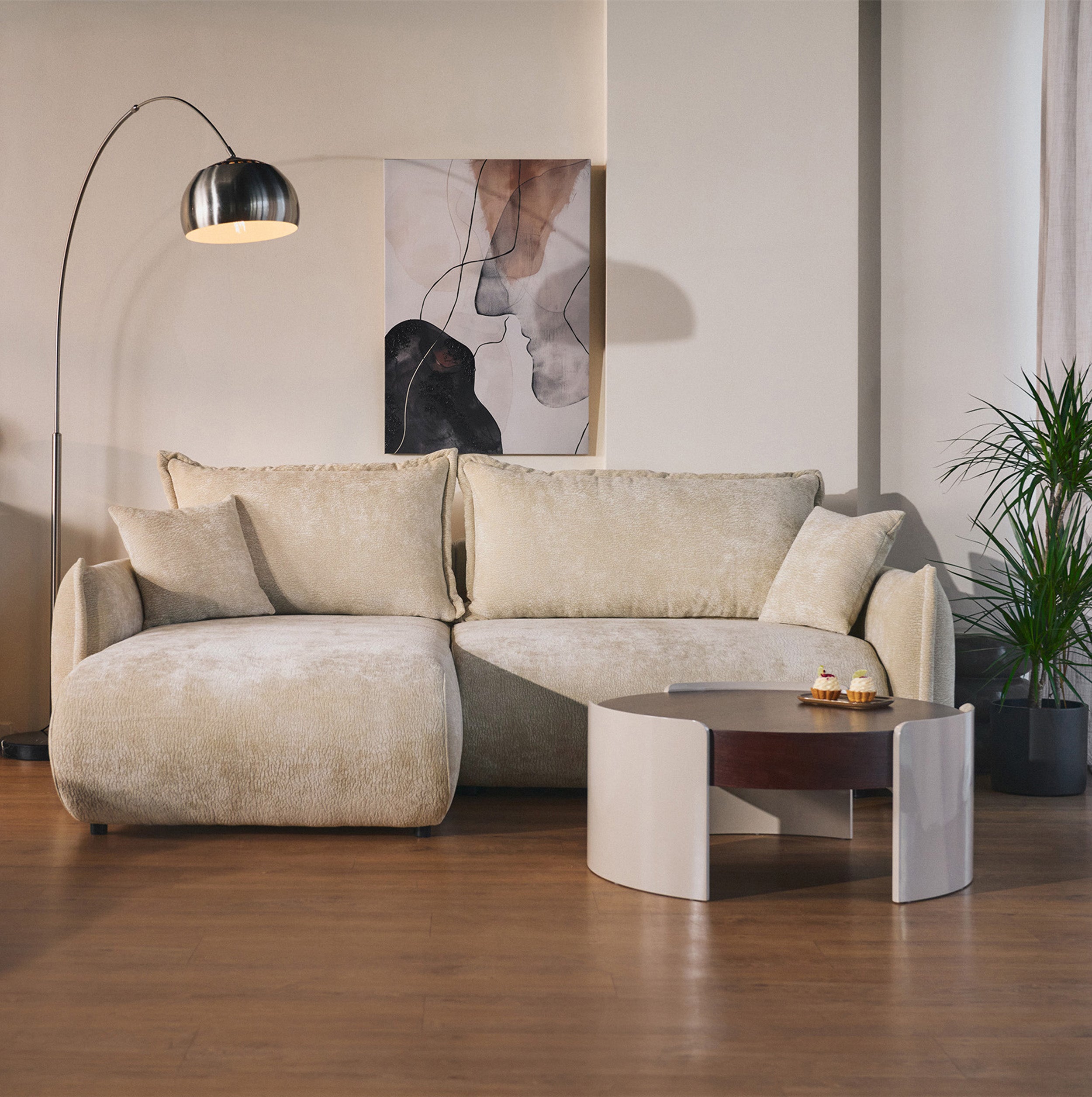 Ecksofa mit Schlaffunktion Cushi, L-förmig, linksseitig, mit Stauraum, beige Chenille