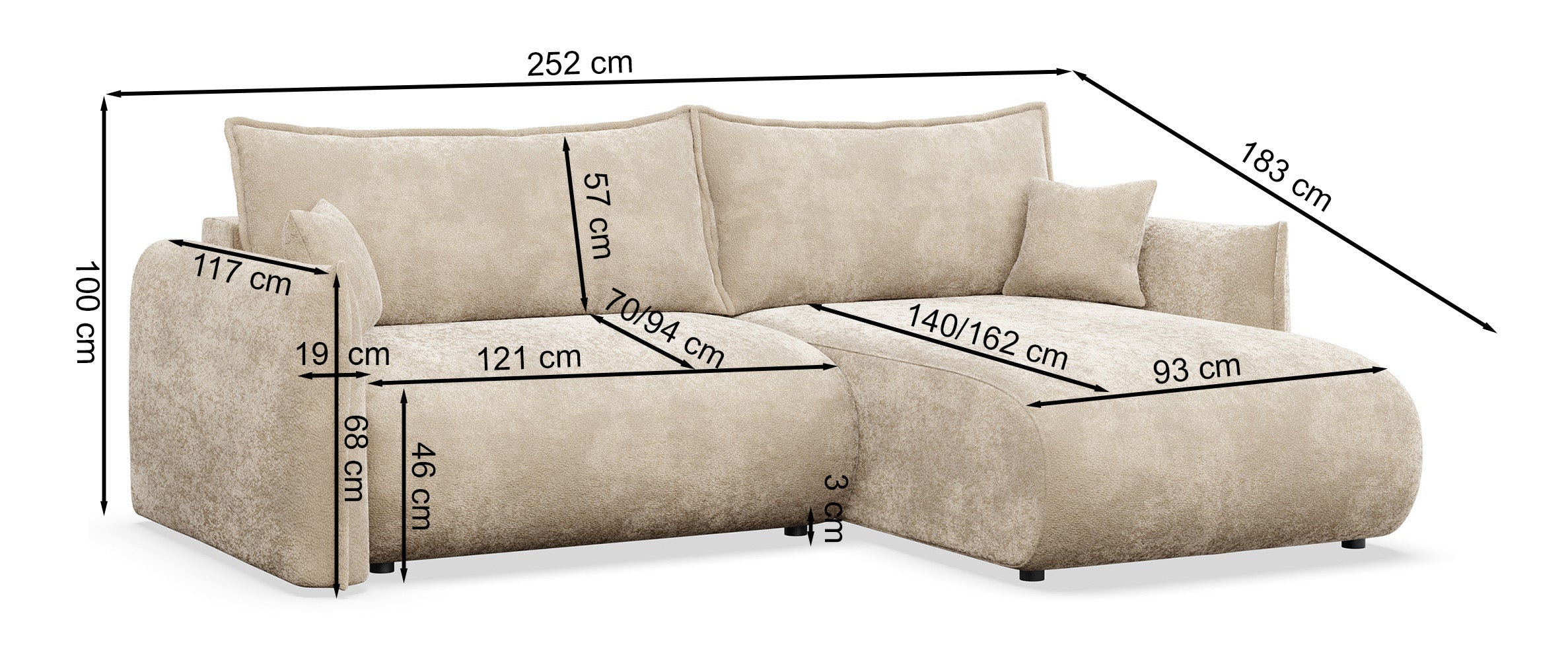 Ecksofa mit Schlaffunktion Cushi, L-förmig, rechtsseitig, mit Stauraum, brauner Chenille-Bezug