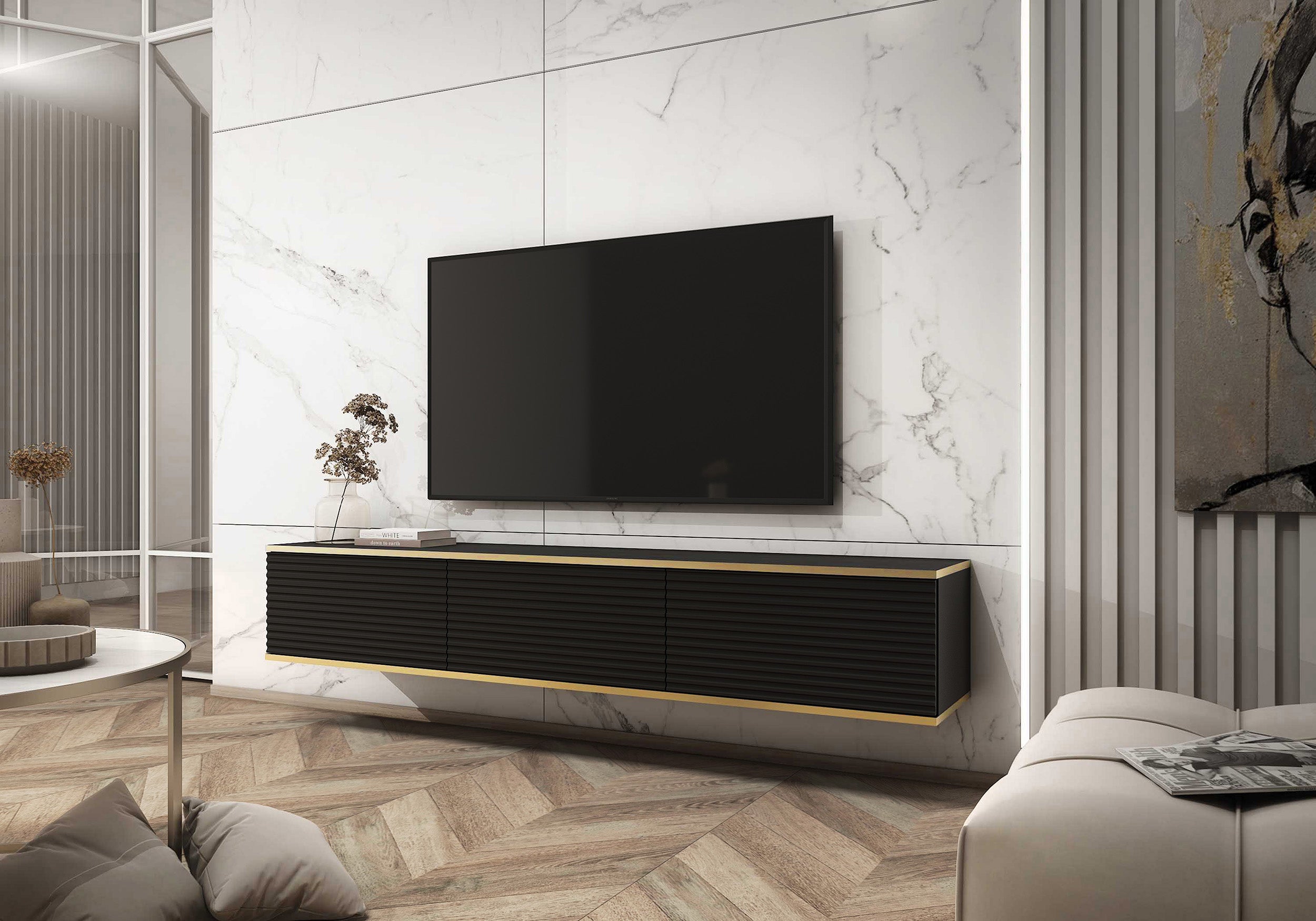 TV-Schrank Mucalma 175 cm schwarz mit goldenen Lamellenakzenten