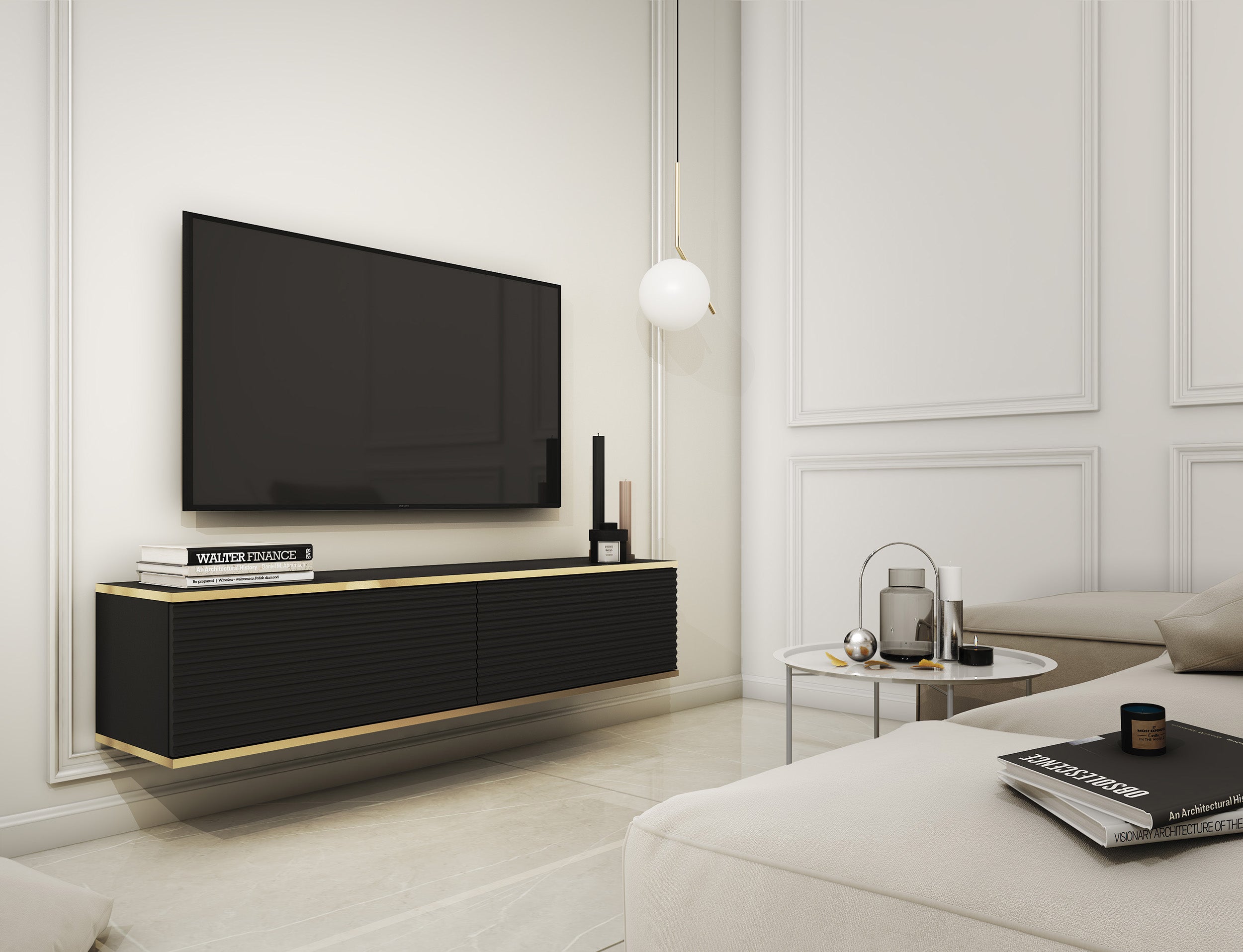 TV-Schrank Mucalma 135 cm schwarz mit goldenen Lamellen-Akzenten