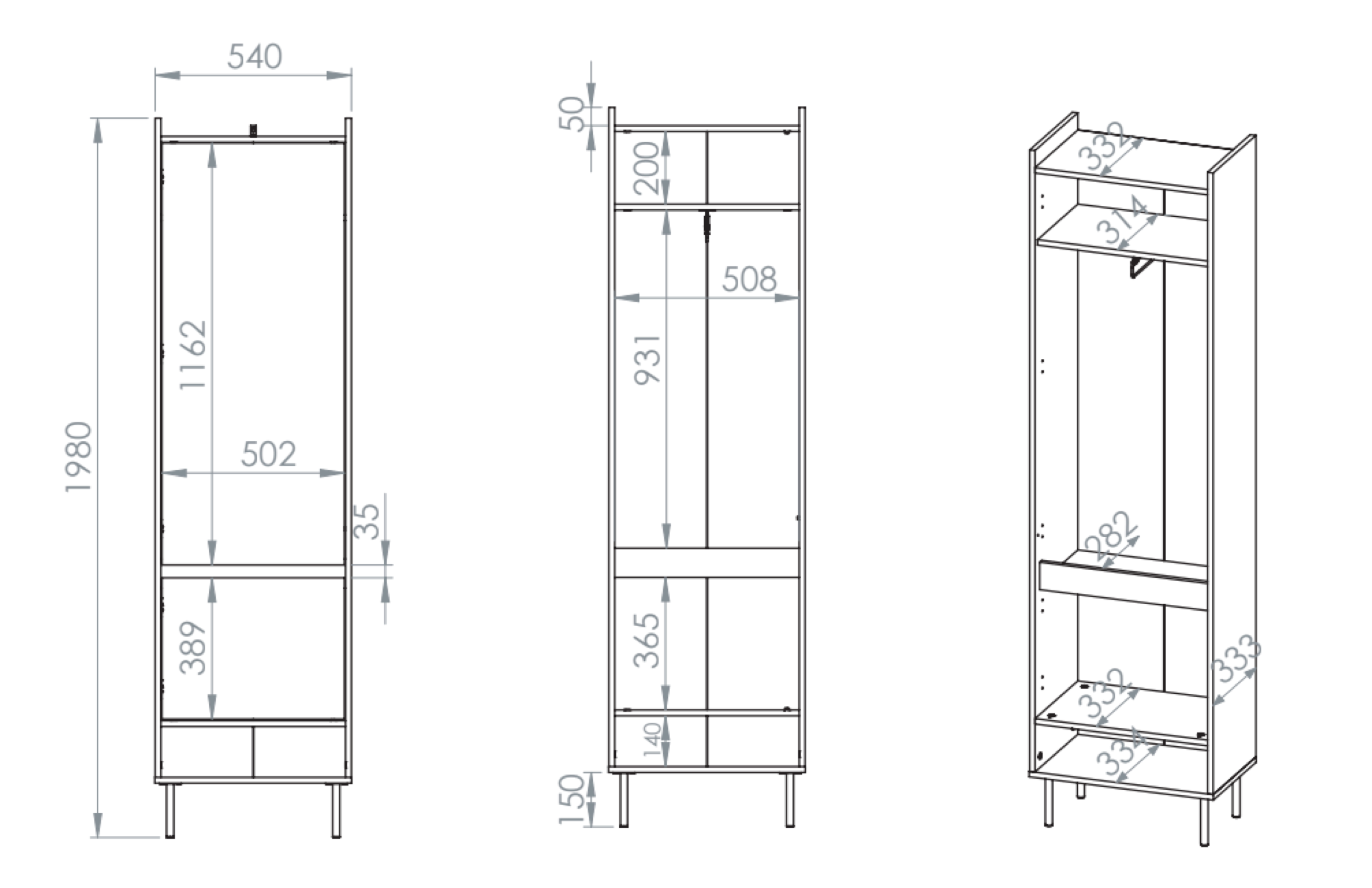 Zweiflügeliger Kleiderschrank Dioce 54 cm mit Kleiderstange und Regal Kaschmir