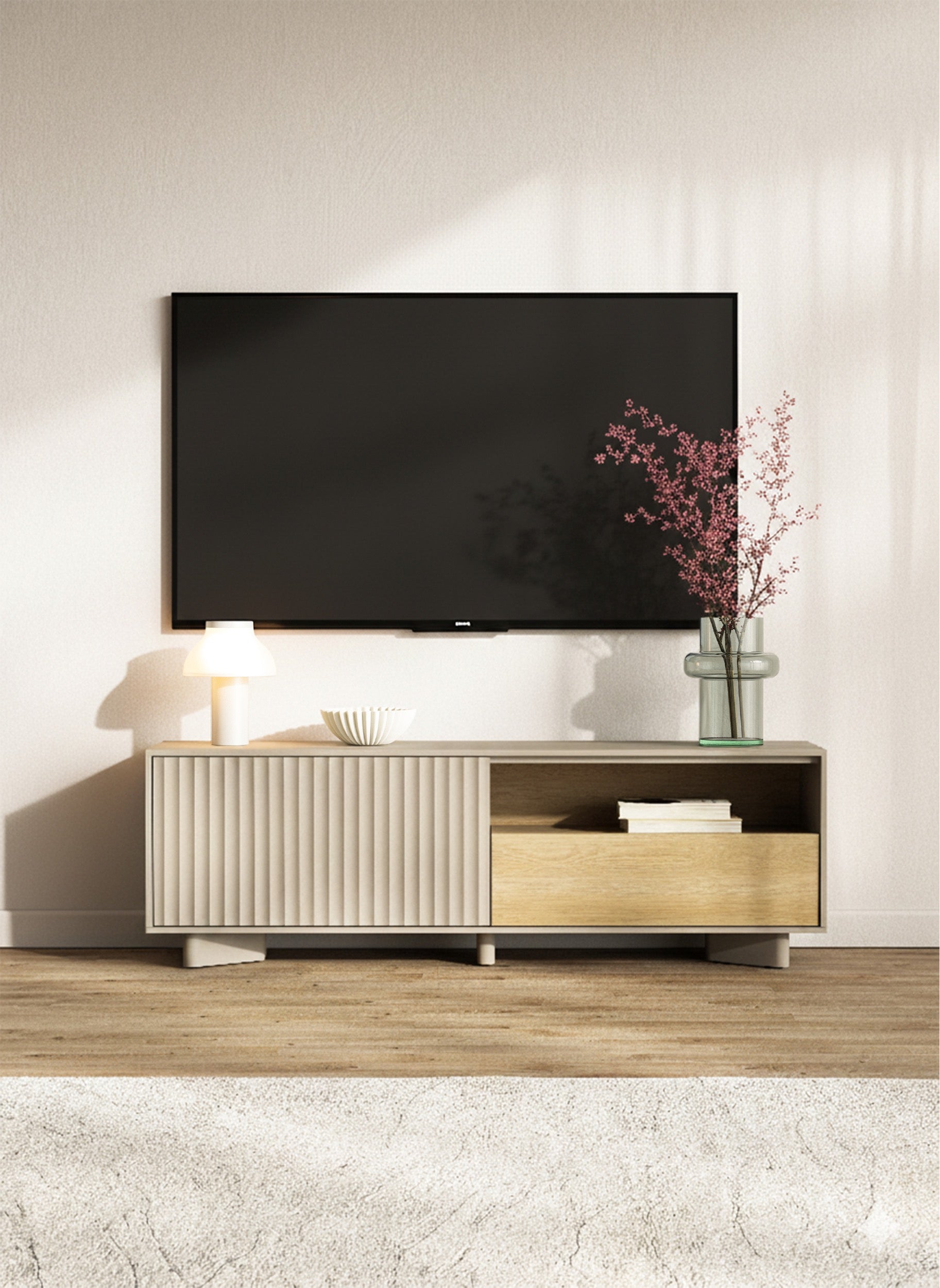 TV-Schrank Distria mit Schublade und geriffelter Front, 140 cm, Kaschmir/Vicenza-Eiche