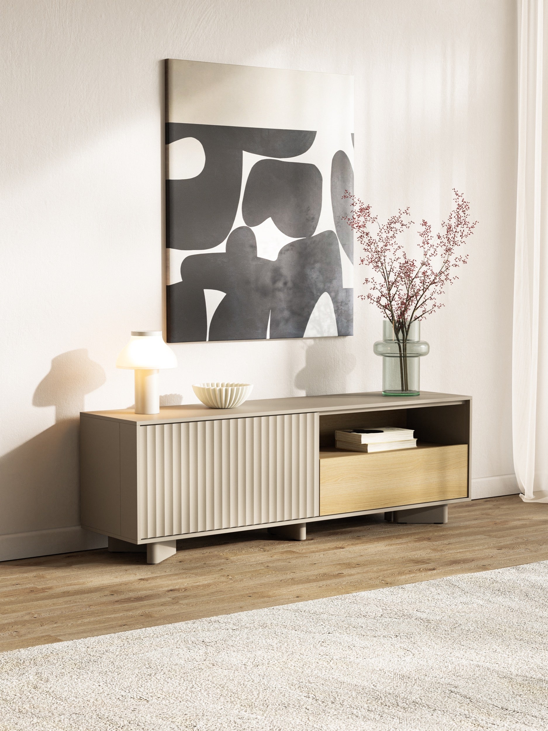 TV-Schrank Distria mit Schublade und geriffelter Front, 140 cm, Kaschmir/Vicenza-Eiche