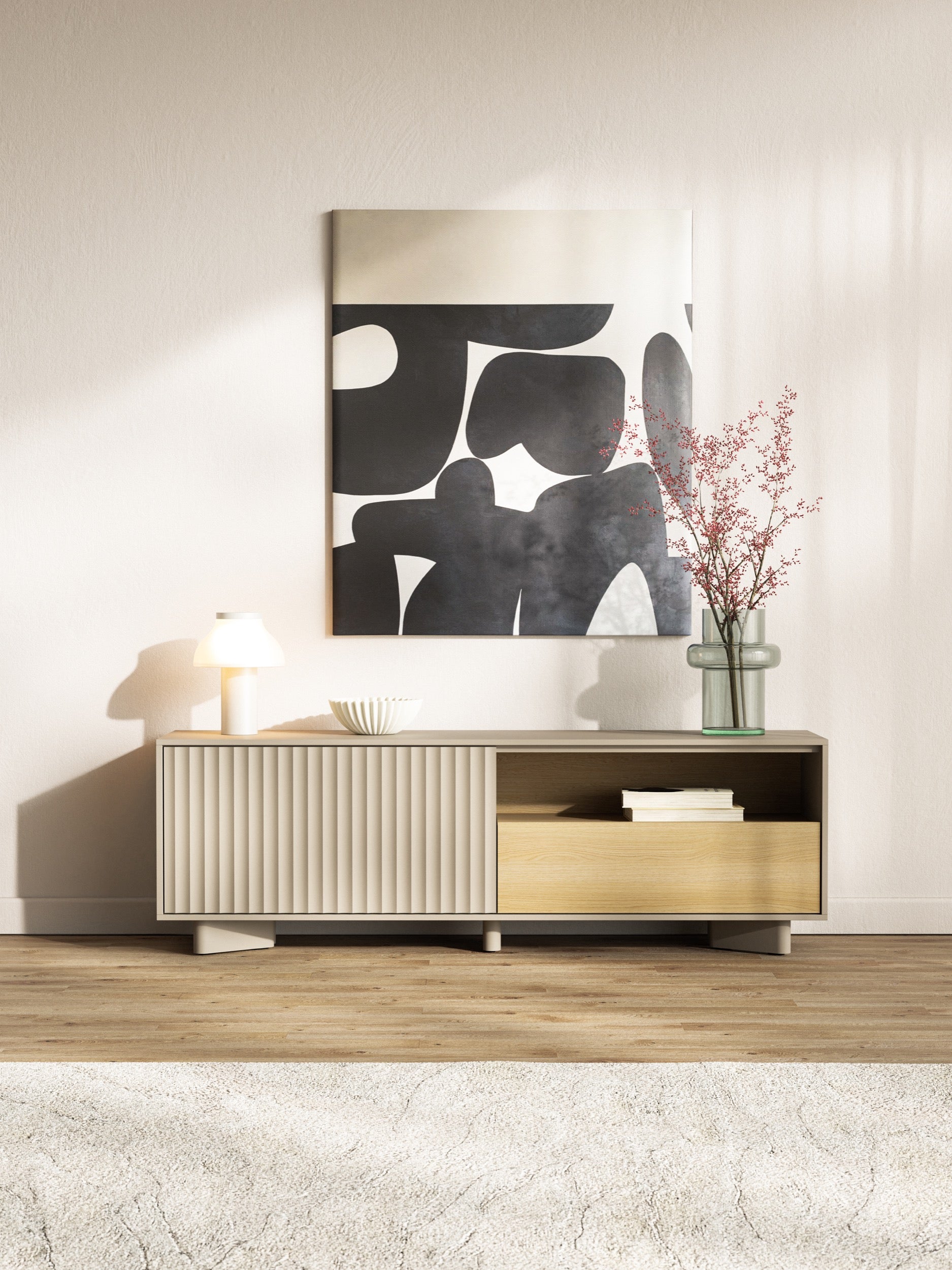 TV-Schrank Distria mit Schublade und geriffelter Front, 140 cm, Kaschmir/Vicenza-Eiche