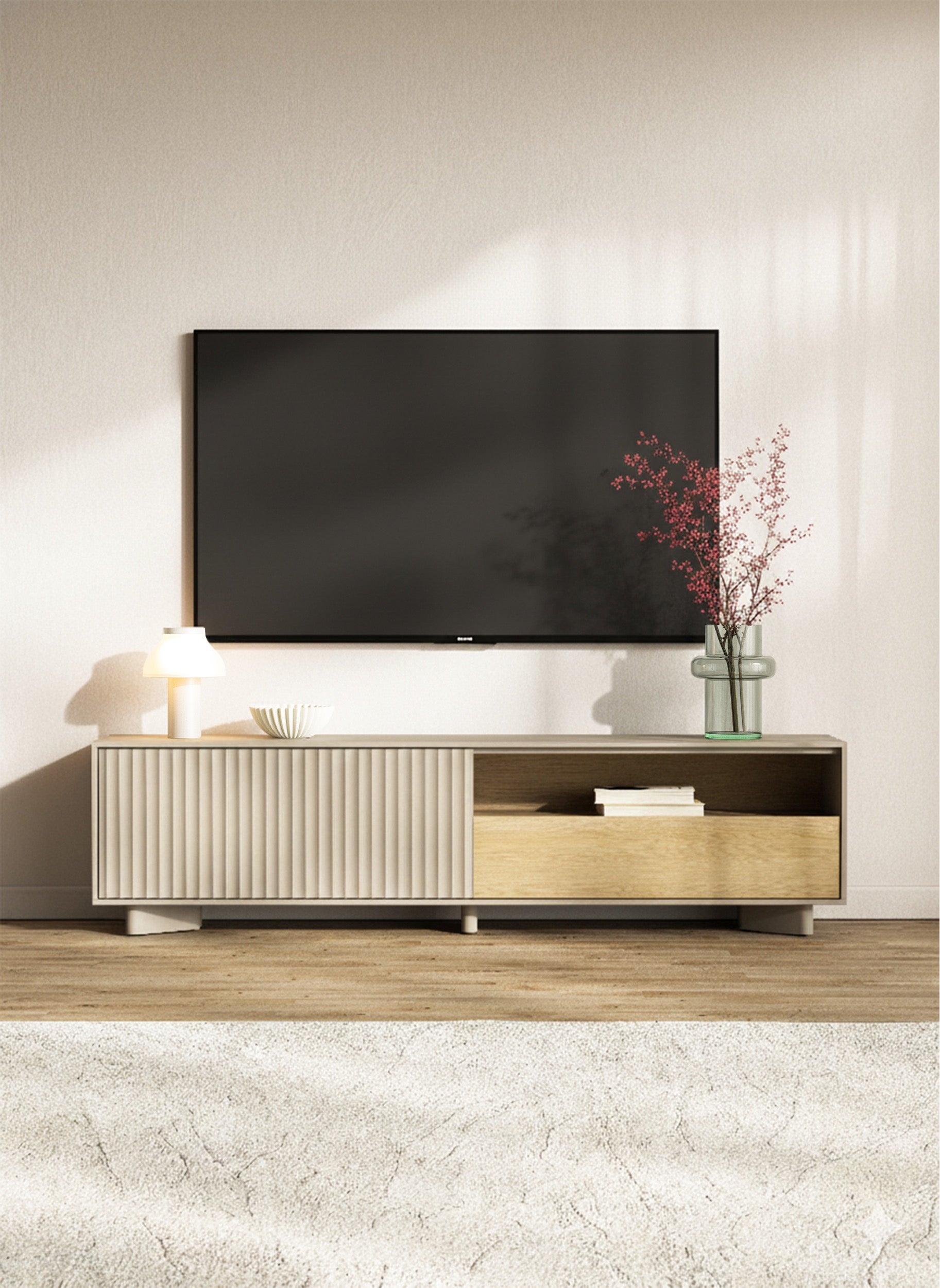 TV-Schrank Distria mit Schublade und geriffelter Front 175 cm Kaschmir/Vicenza-Eiche
