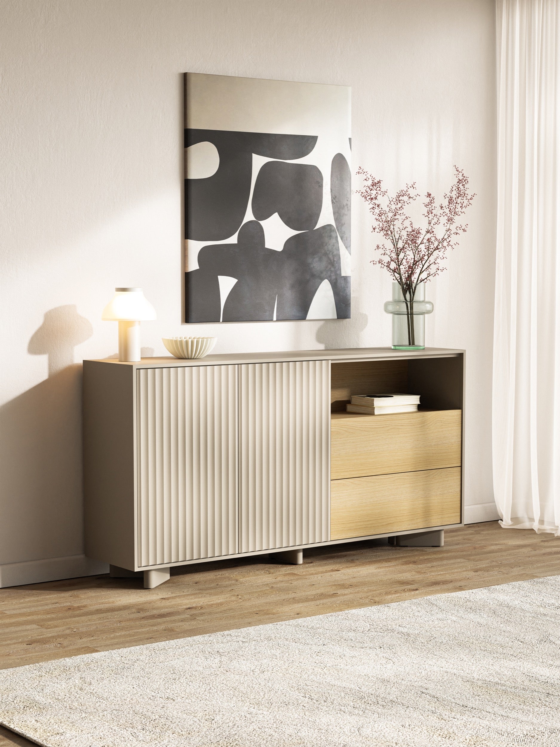 Zweiturige Kommode Distria mit Schubladen und geriffelter Front, 156 cm, Kaschmir/Vicenza-Eiche