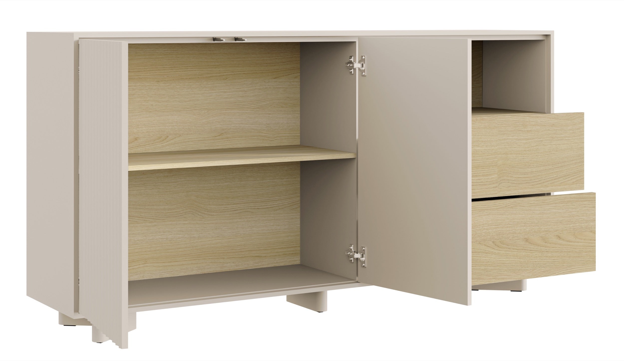 Zweiturige Kommode Distria mit Schubladen und geriffelter Front, 156 cm, Kaschmir/Vicenza-Eiche