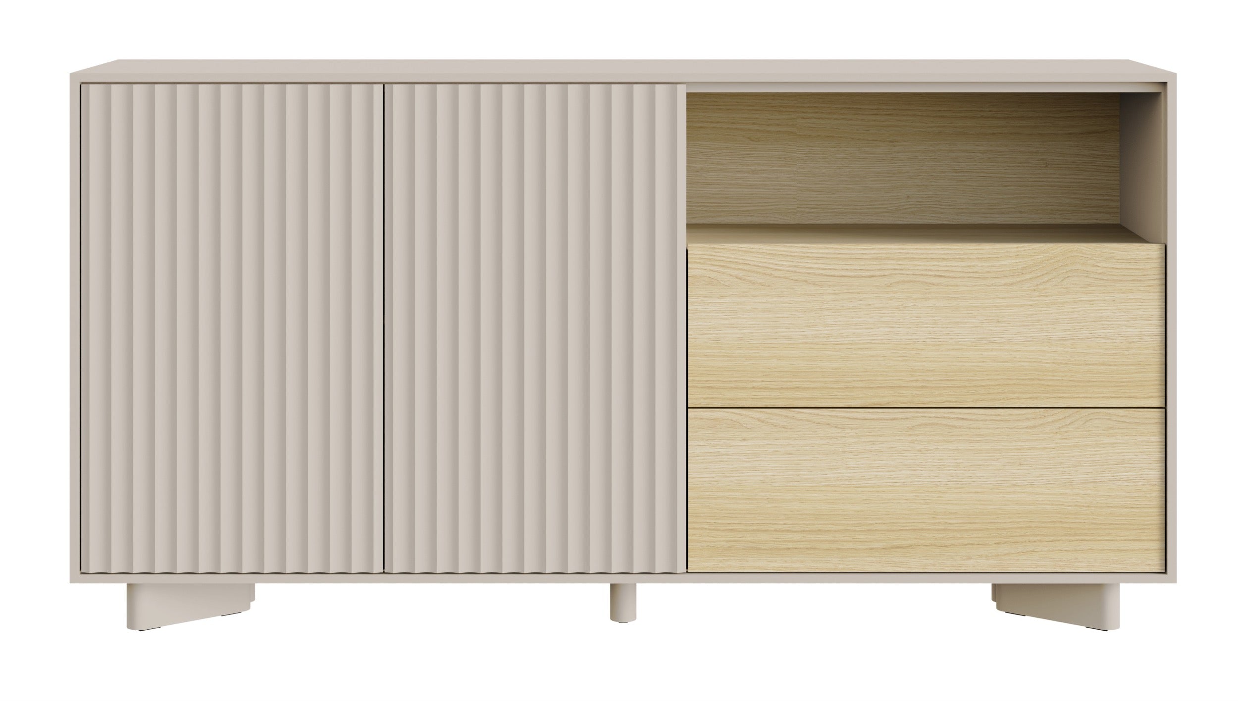 Zweiturige Kommode Distria mit Schubladen und geriffelter Front, 156 cm, Kaschmir/Vicenza-Eiche