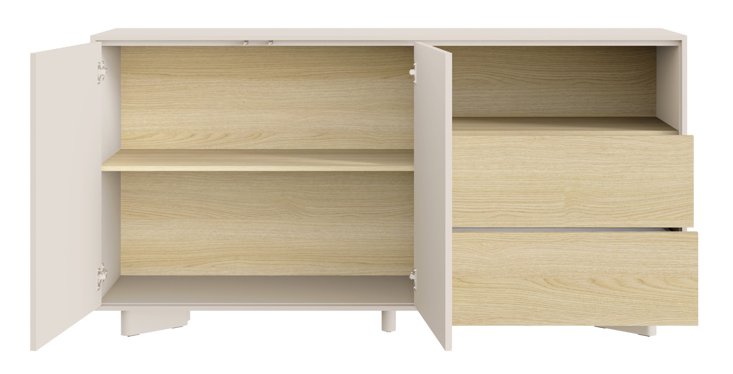 Zweiturige Kommode Distria mit Schubladen und geriffelter Front, 156 cm, Kaschmir/Vicenza-Eiche