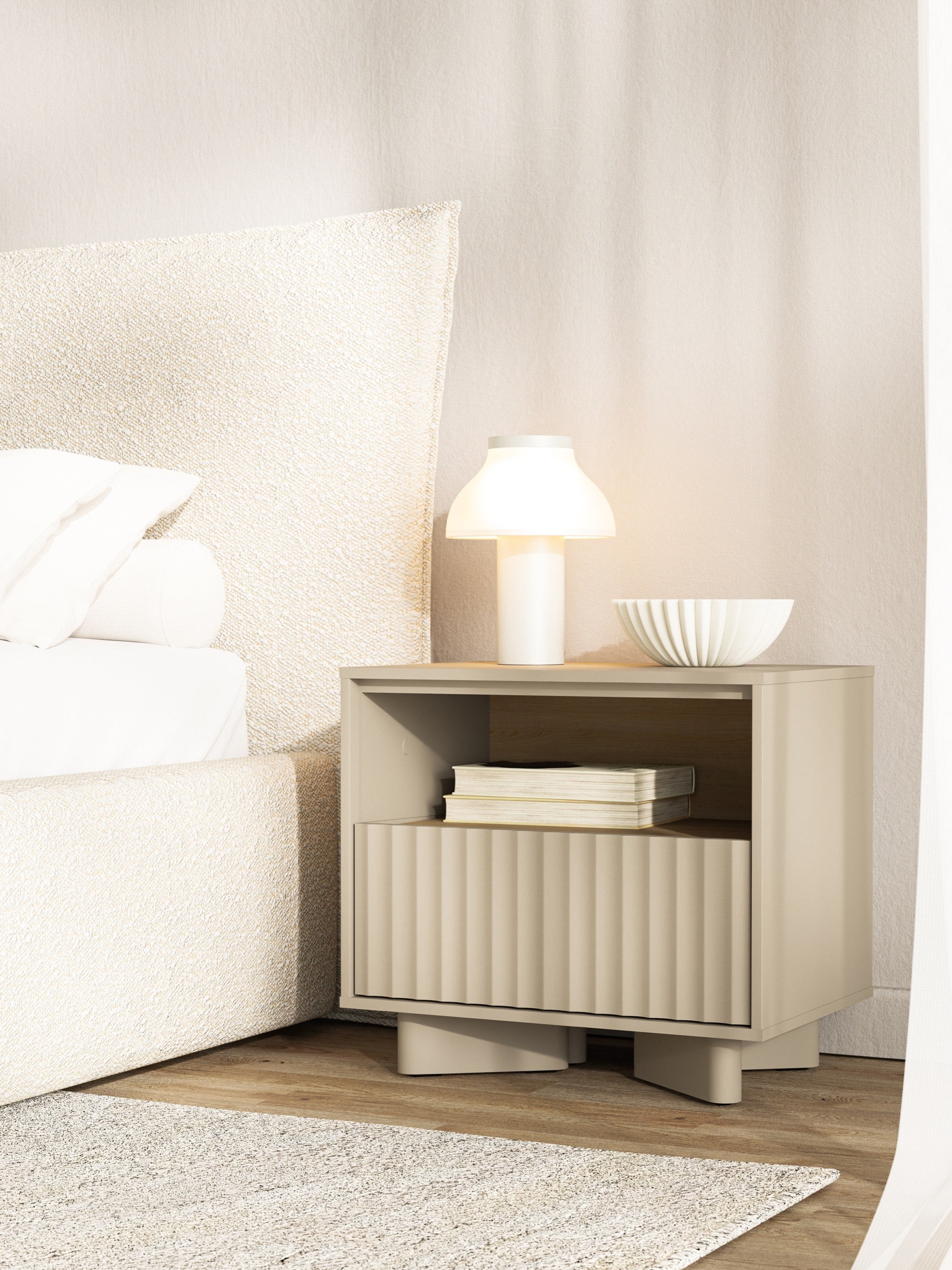 Nachttisch Distria mit Schublade und geriffelter Front 50 cm Kaschmir/Vicenza-Eiche