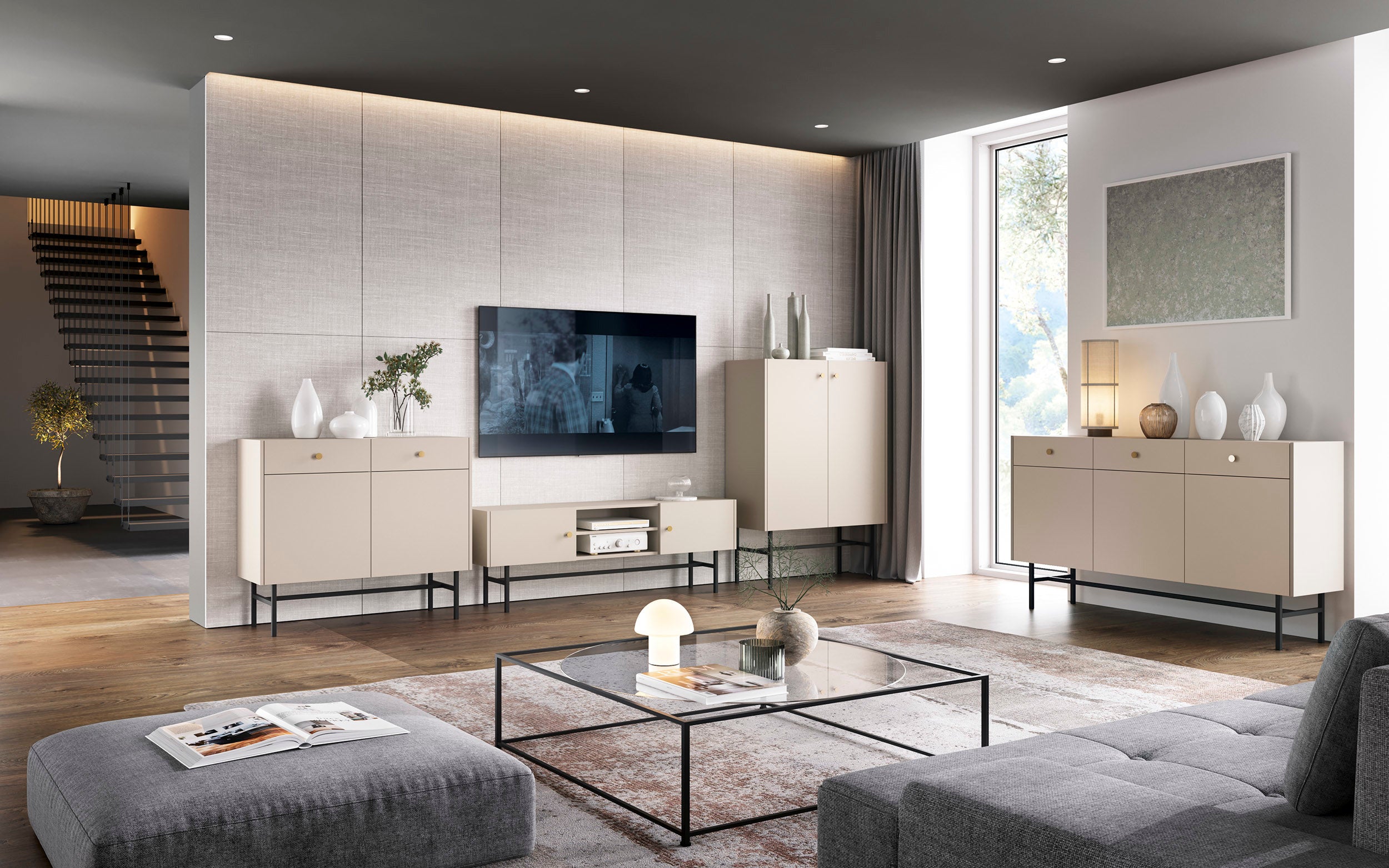 Hohe Kommode Divenos, zweiflügelig, 93 cm, Grau-Beige