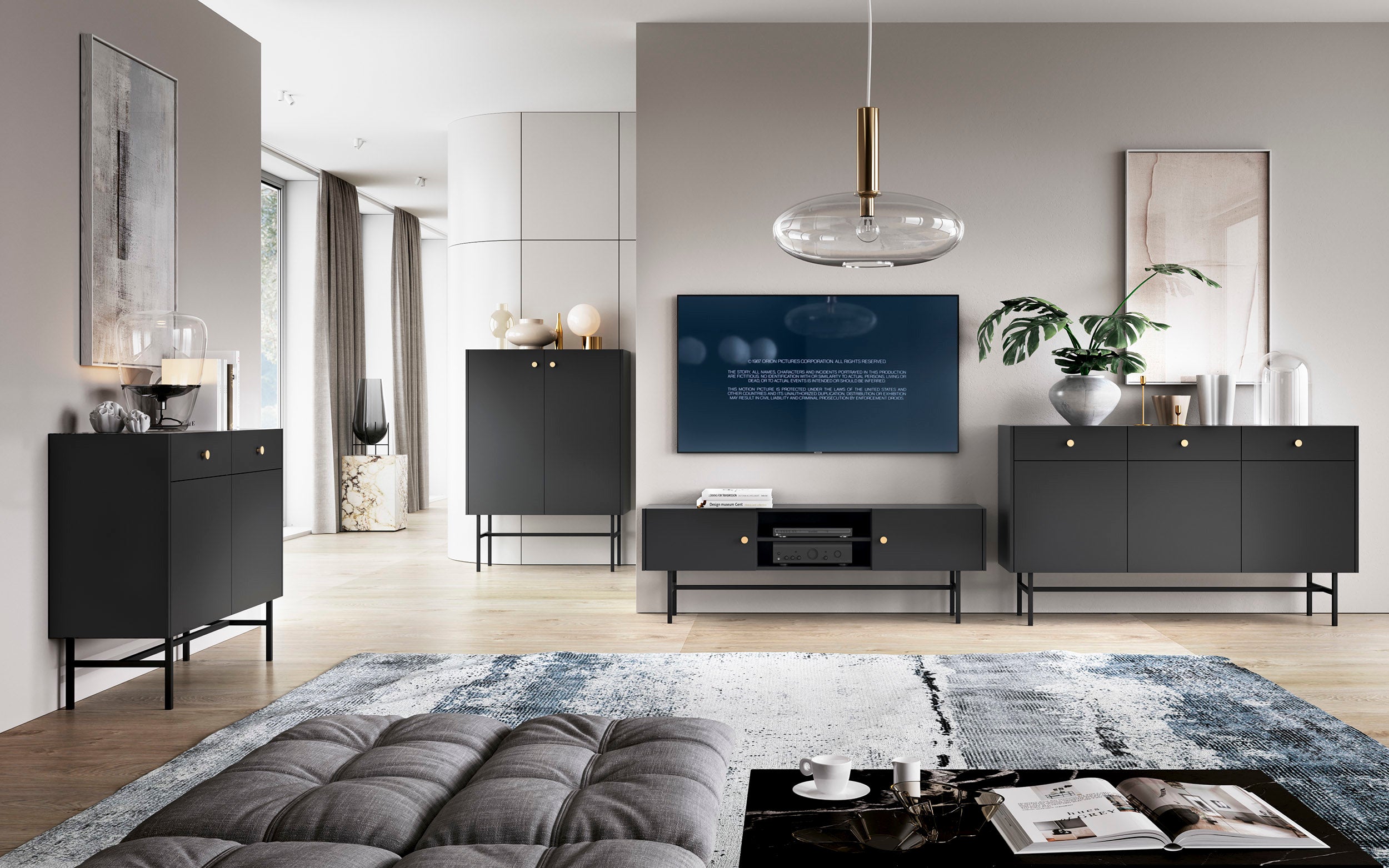 Drehtür-Kommode Divenos mit Schubladen 155 cm Schwarz