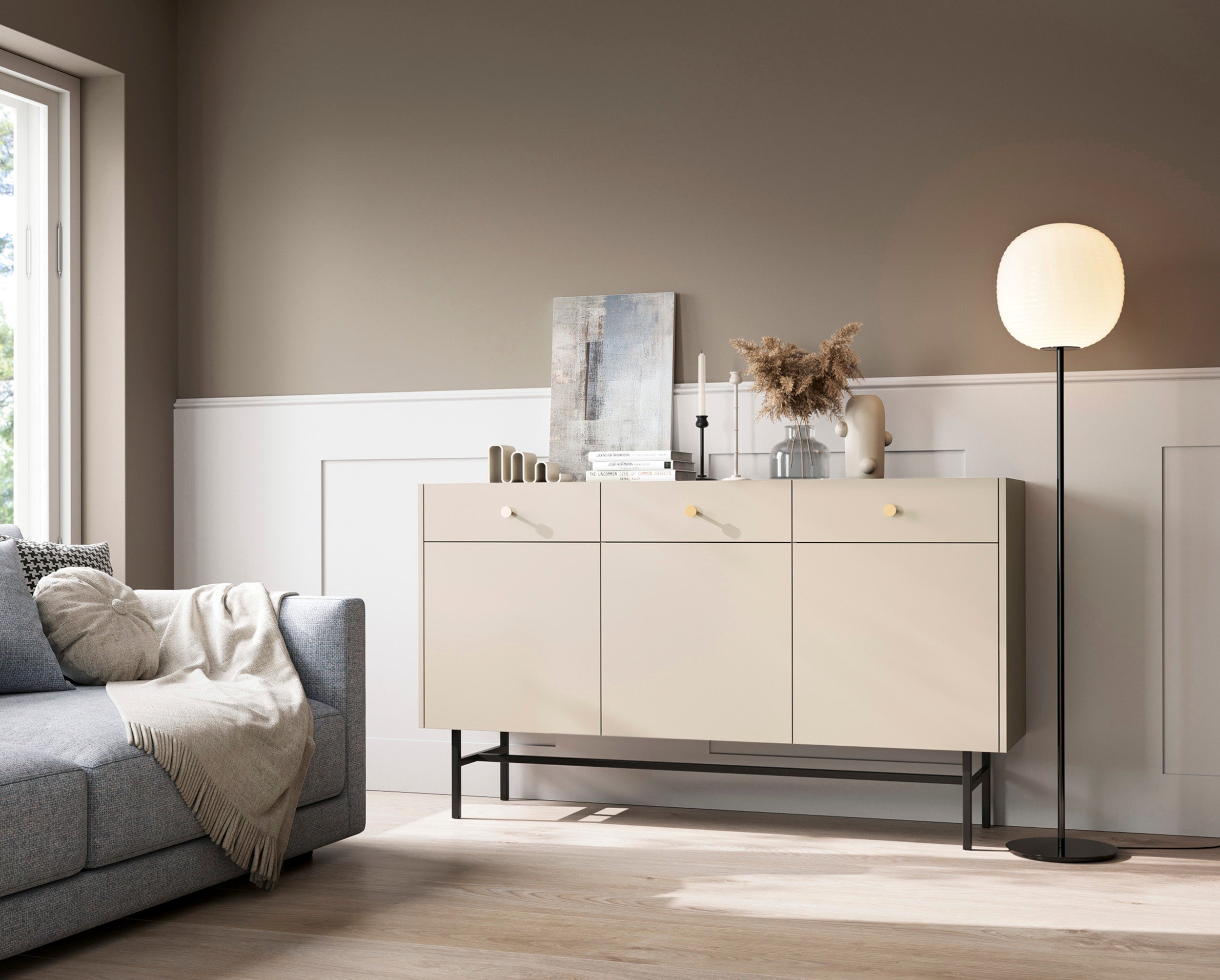 Drehtür-Kommode Divenos mit Schubladen 155 cm Grau-Beige