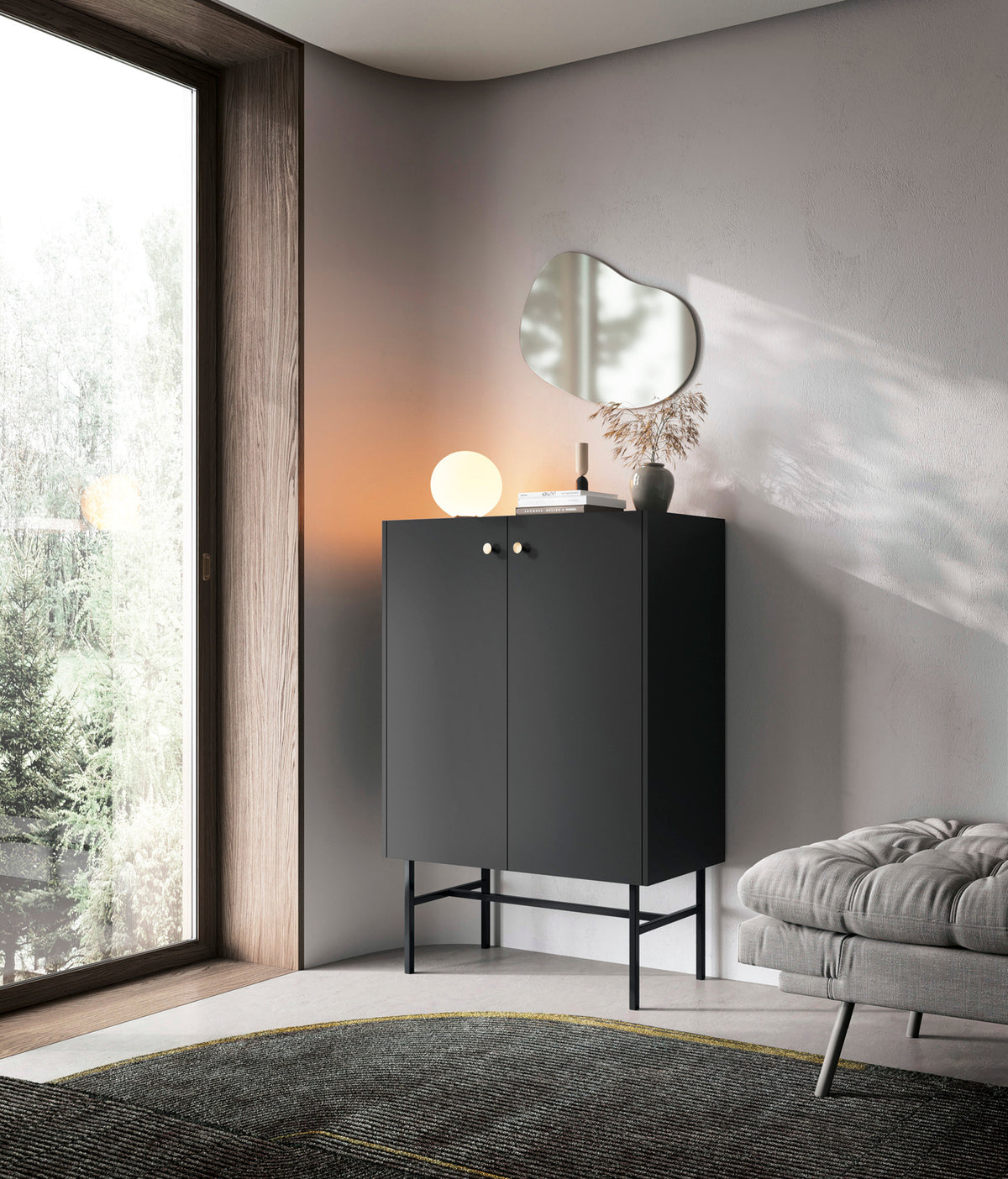 Hohe Kommode Divenos, zweitürig, 93 cm, schwarz – Selsey EU