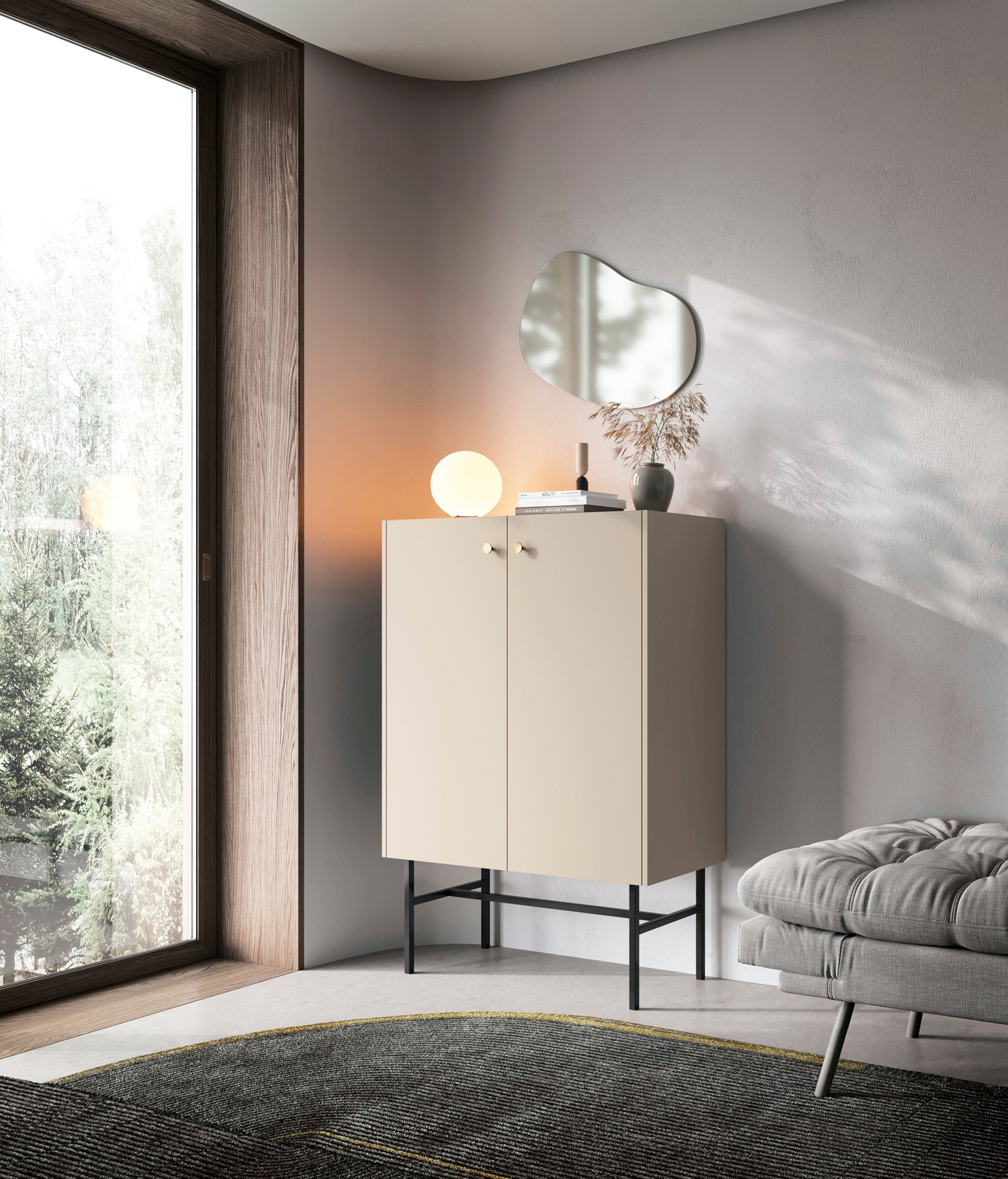 Hohe Kommode Divenos, zweiflügelig, 93 cm, Grau-Beige
