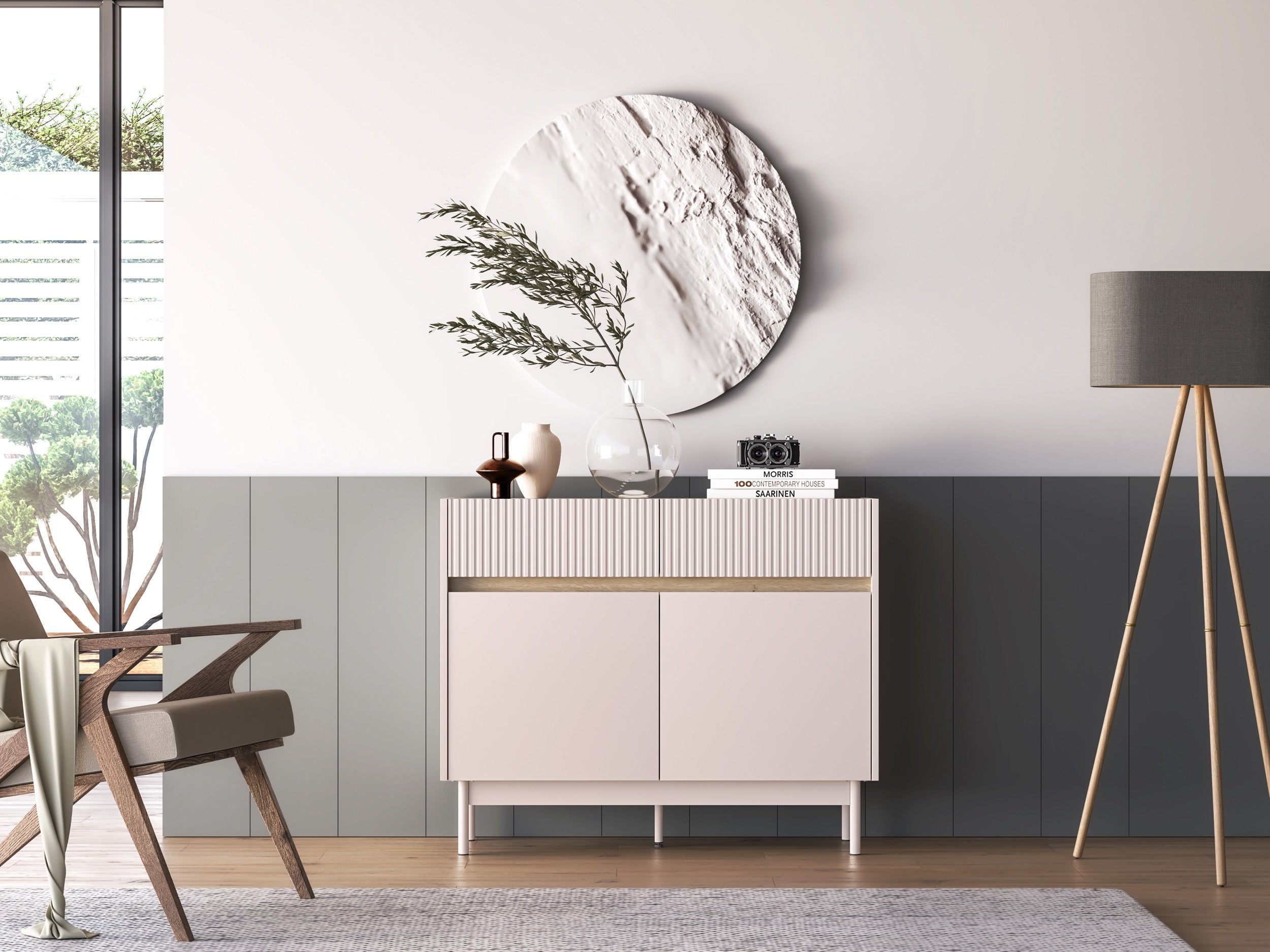 Zweiturige Kommode Dunea mit zwei Schubladen, 104 cm, Kaschmir/Eiche