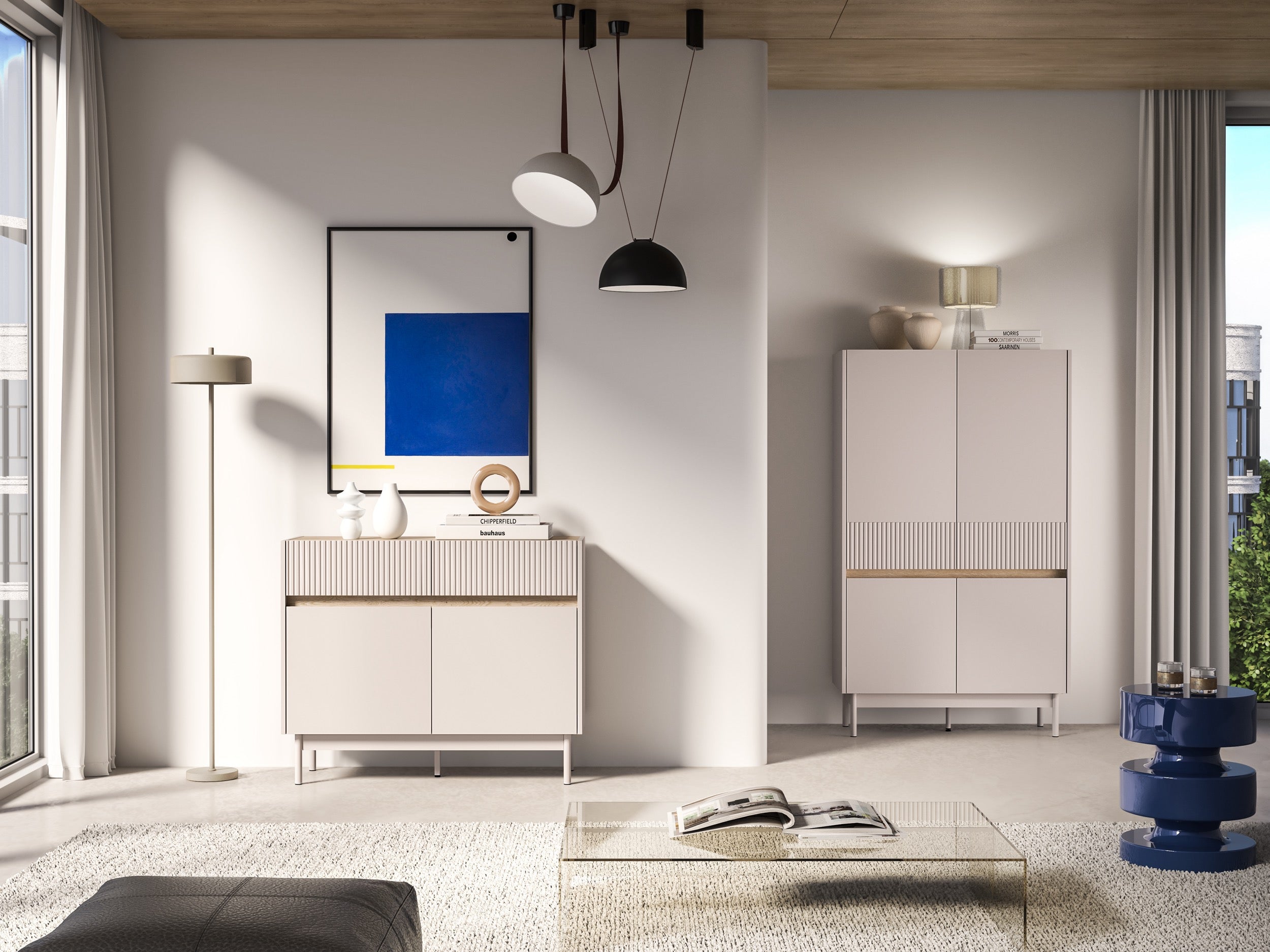 Zweiturige Kommode Dunea mit zwei Schubladen, 104 cm, Kaschmir/Eiche