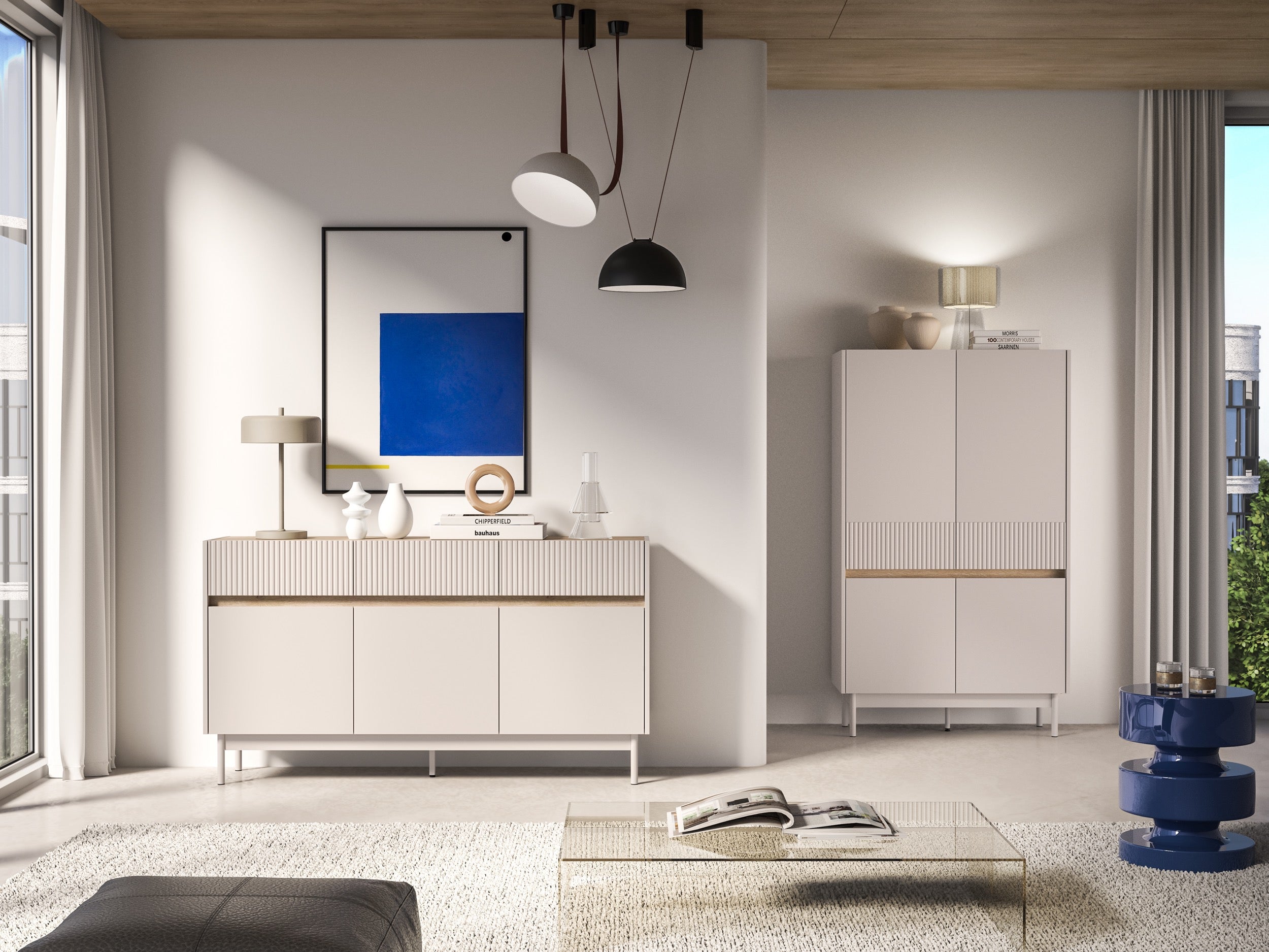 Drehtür-Kommode Dunea mit drei Schubladen, 154 cm, Kaschmir/Eiche