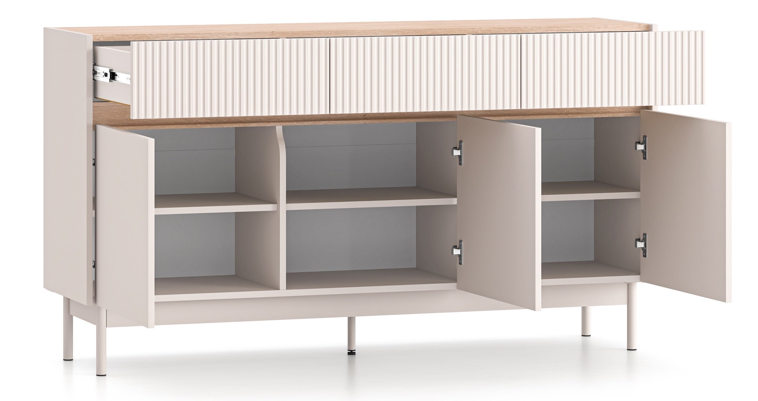 Drehtür-Kommode Dunea mit drei Schubladen, 154 cm, Kaschmir/Eiche