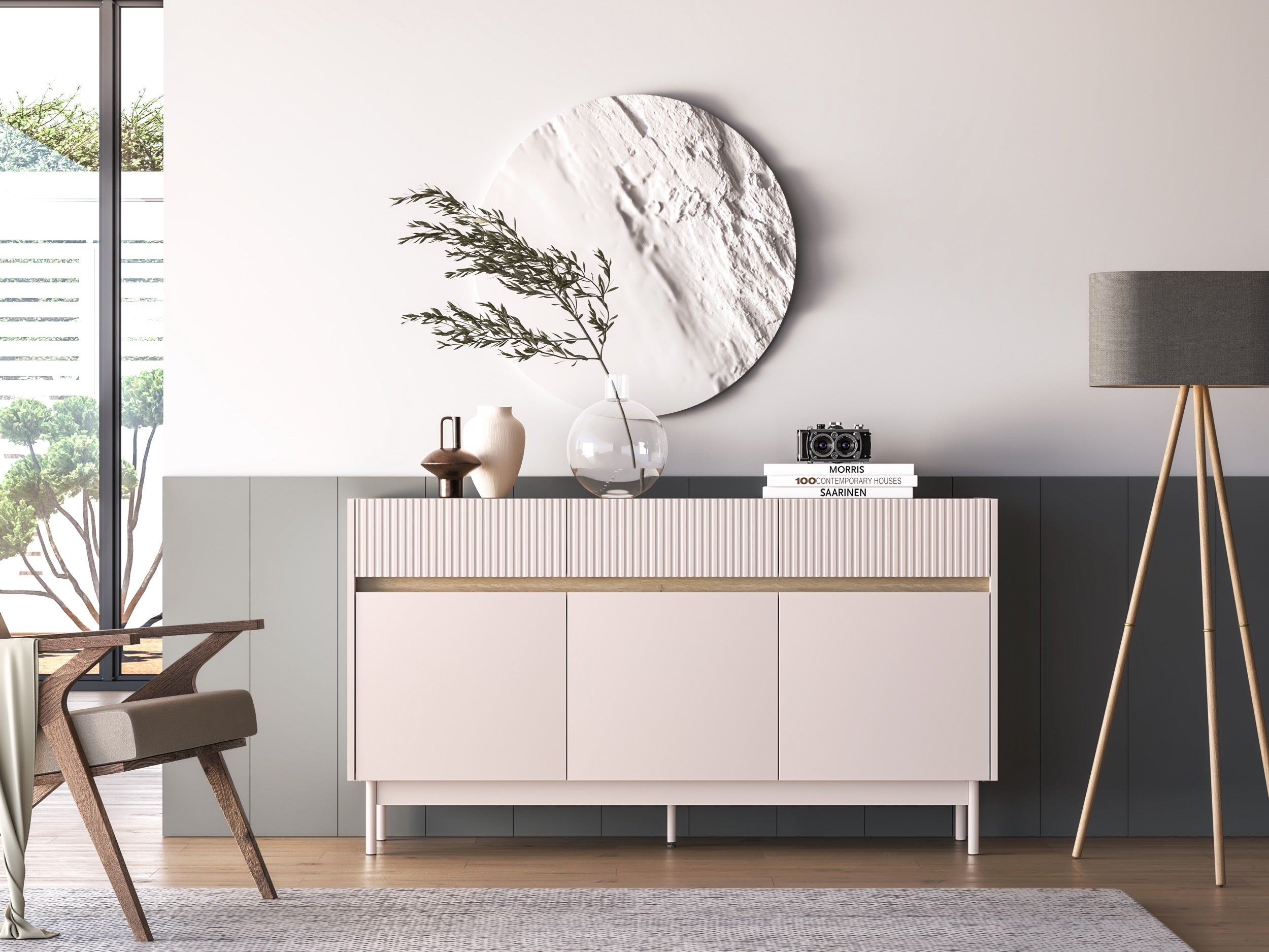 Drehtür-Kommode Dunea mit drei Schubladen, 154 cm, Kaschmir/Eiche