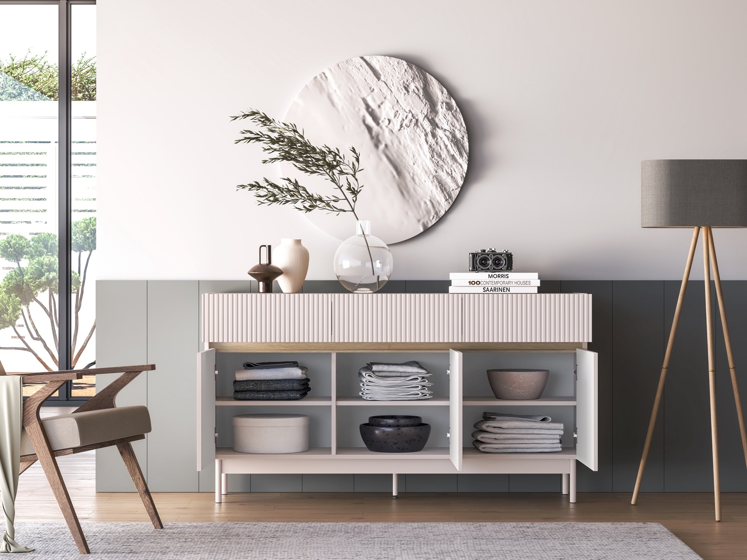 Drehtür-Kommode Dunea mit drei Schubladen, 154 cm, Kaschmir/Eiche