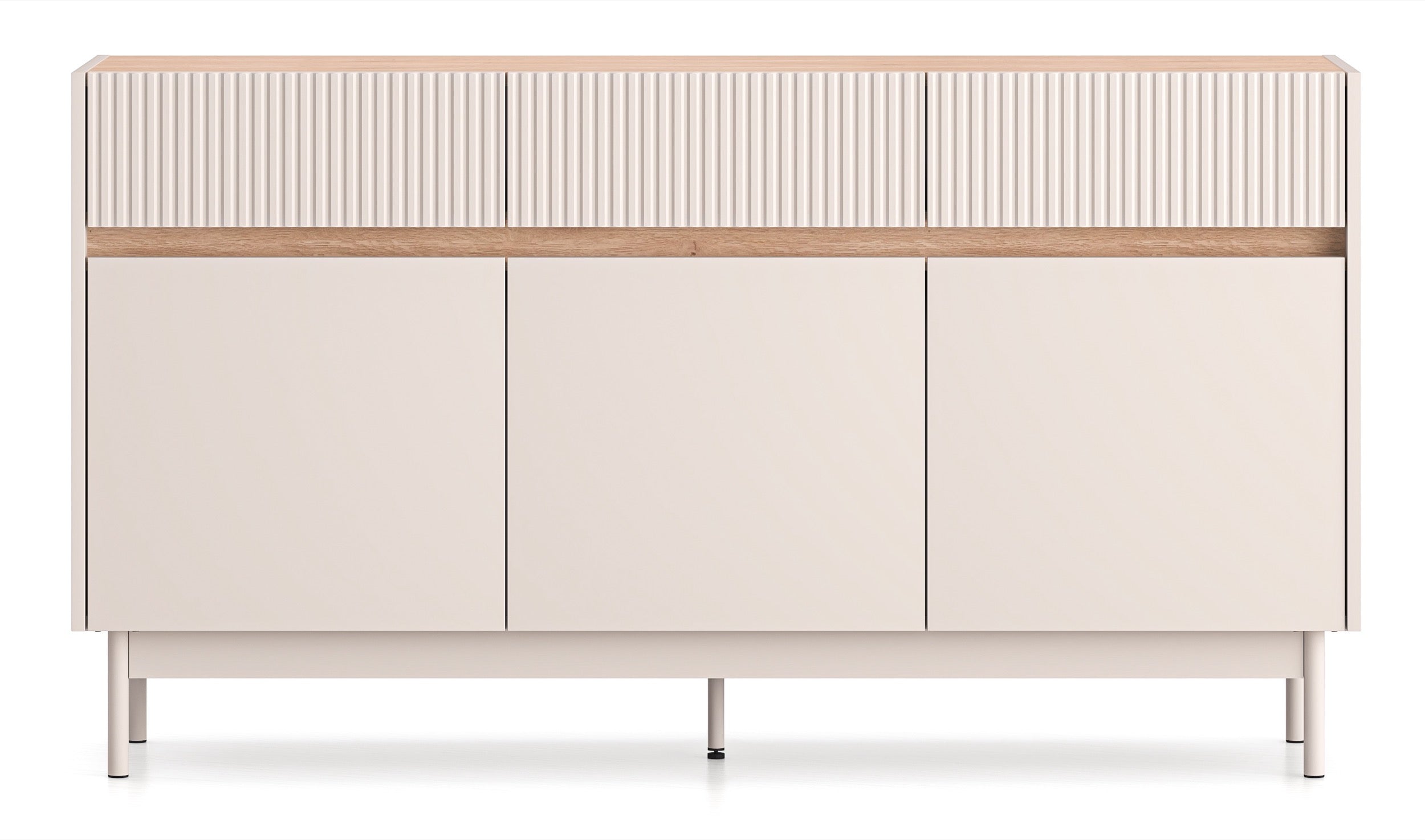 Drehtür-Kommode Dunea mit drei Schubladen, 154 cm, Kaschmir/Eiche