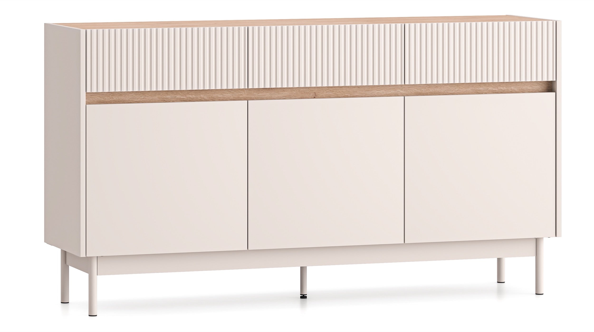 Drehtür-Kommode Dunea mit drei Schubladen, 154 cm, Kaschmir/Eiche