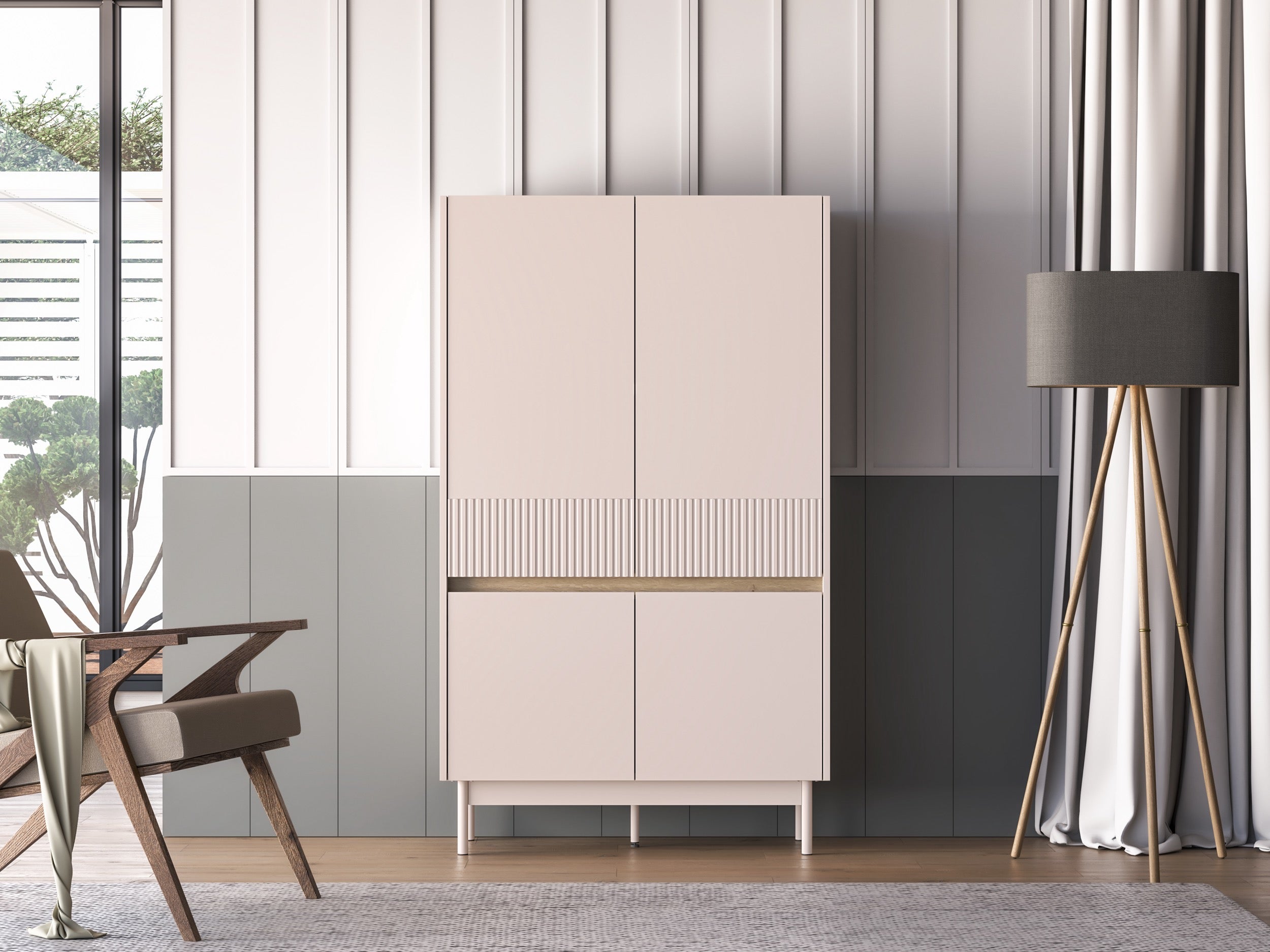 Hohe Kommode mit vier Türen Dunea 92 cm Kaschmir/Eiche