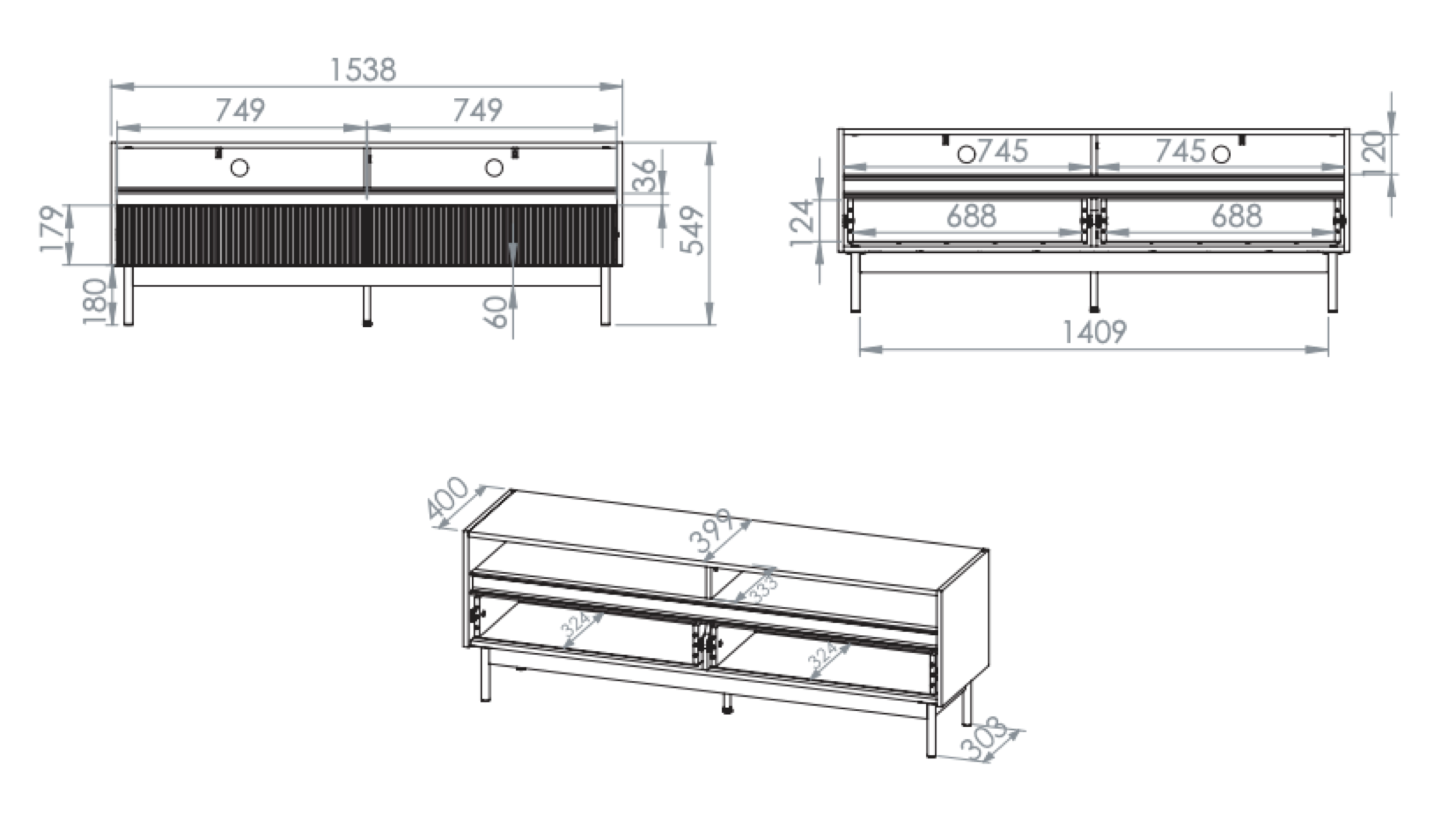 TV-Schrank Dunea mit zwei Schubladen und Fächern, 154 cm, Kaschmir/Eiche