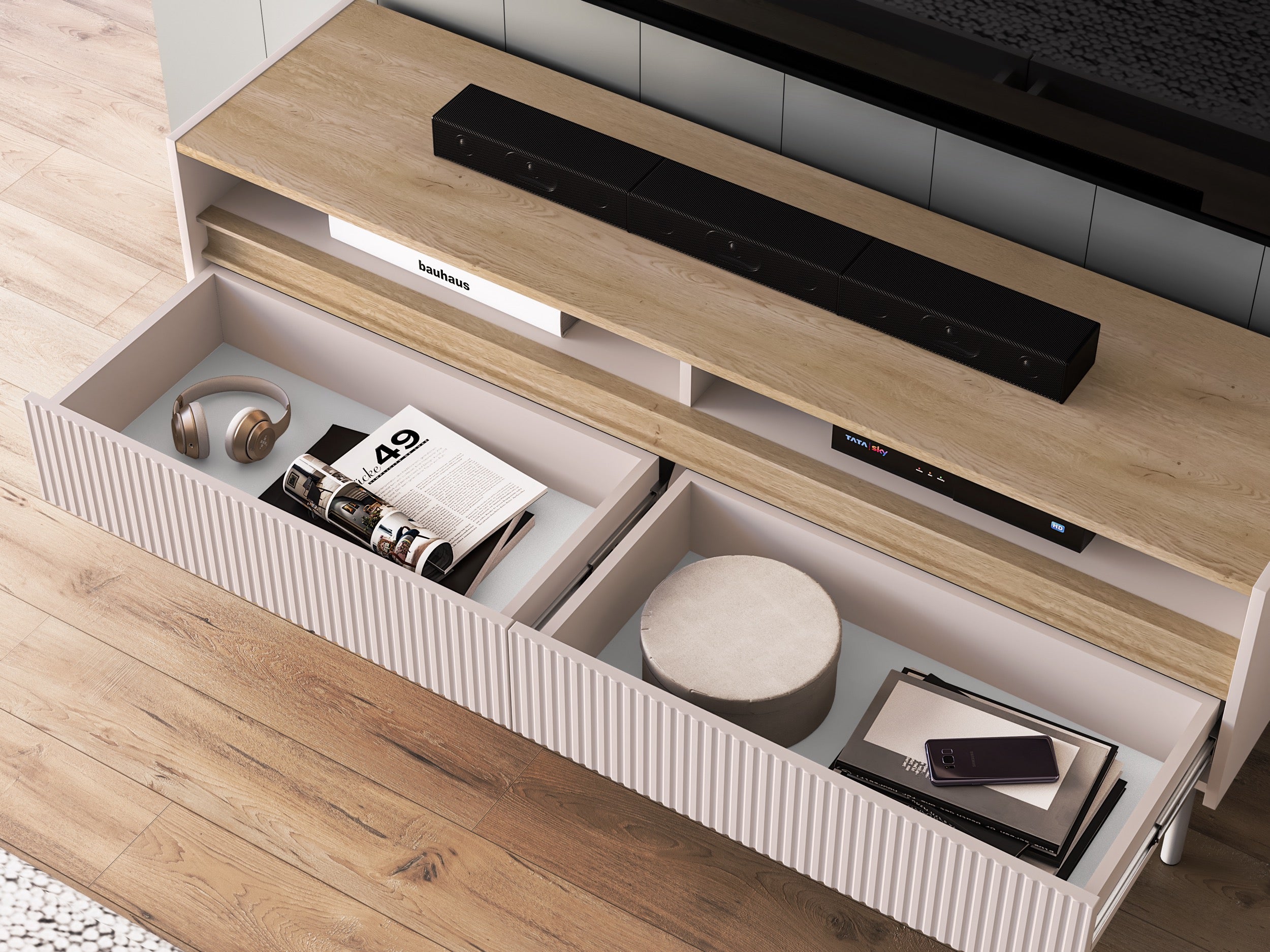 TV-Schrank Dunea mit zwei Schubladen und Fächern, 154 cm, Kaschmir/Eiche